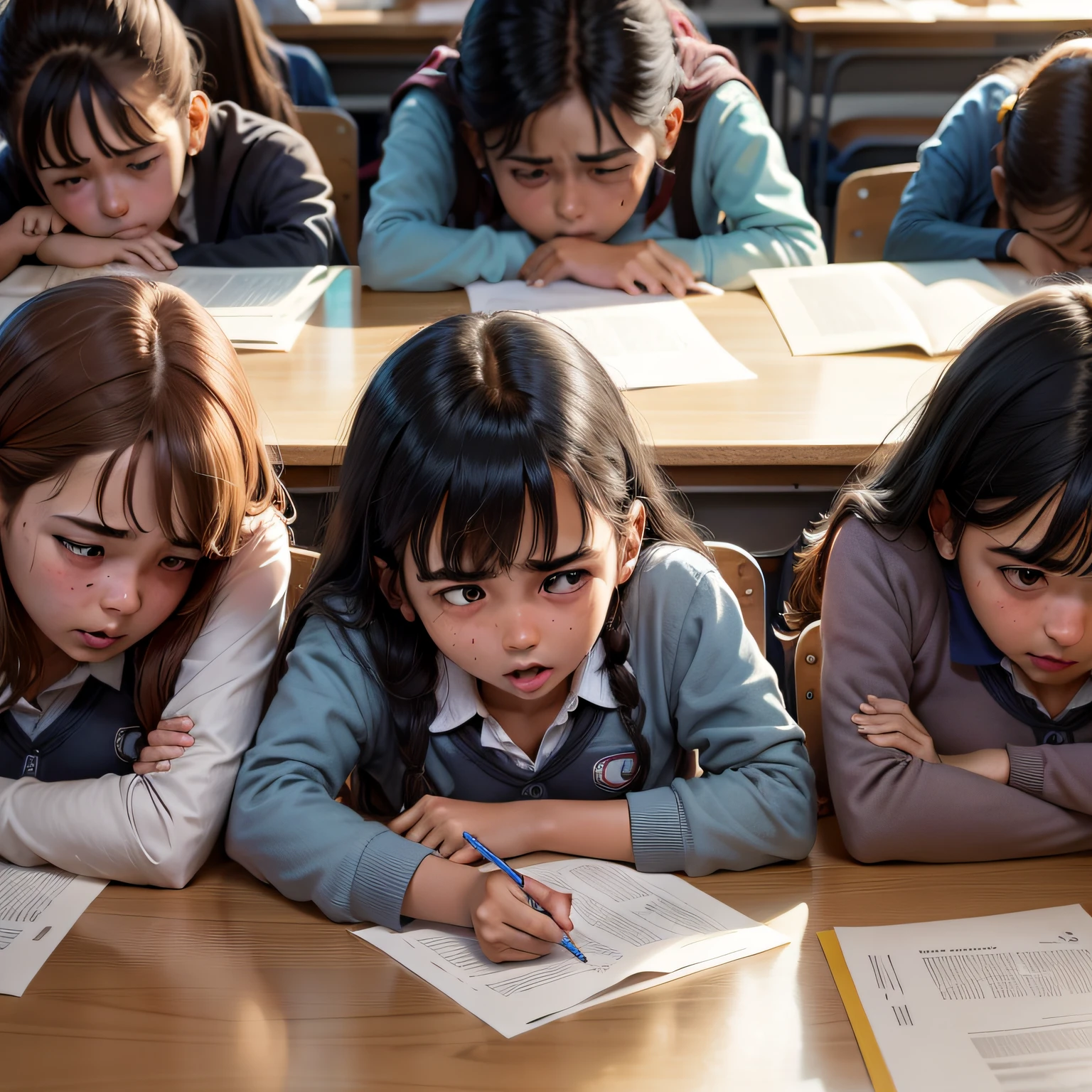 Classrooms filled with students，Students are taking exams with their heads down，A distressed look on the student's face