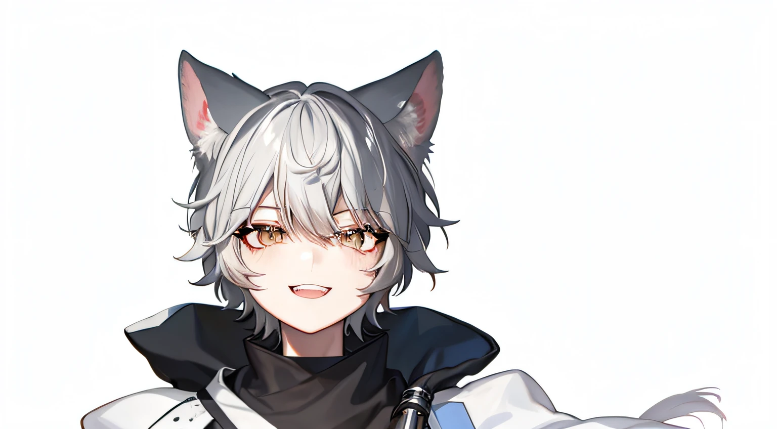 White-haired, black-eared, black-collar anime characters, [[[[grinning evily]]]], neferpitou, grinning lasciviously, cunning expression, White-haired fox, anime girl with cat ears, From Arknights, nekomimi, sly smile, Sora as a cat, cute anime catgirl