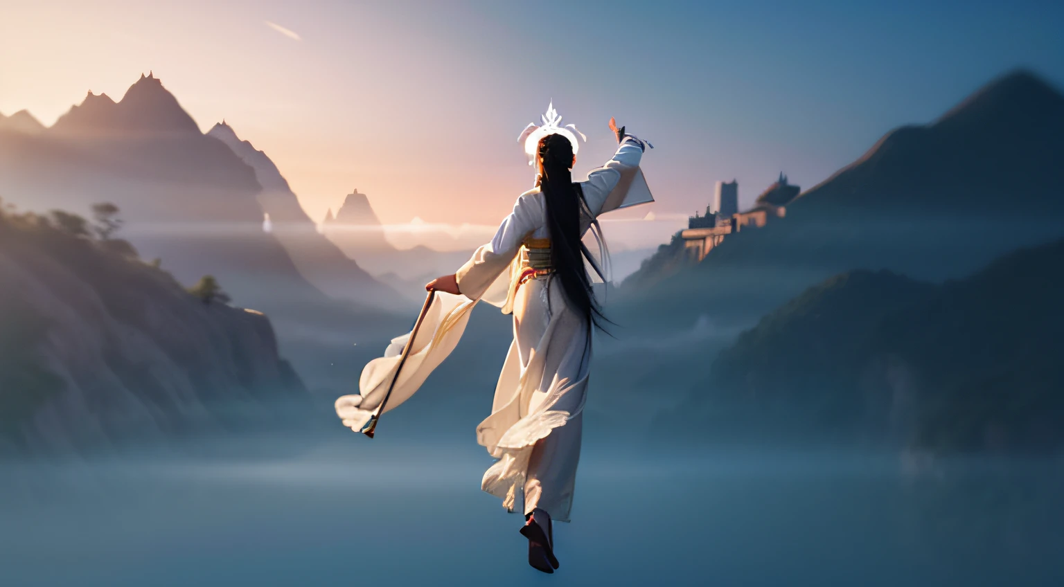 The image of Arafad flying in the air in an ancient Chinese city in a white robe, Flowing white robe, by Bayard Wu, chengwei pan on artstation, Feng Zhu concept art, ross tran and wlop, cgsociety and fenghua zhong, Inspired by Fenghua Zhong,photo from the back，The face is clear