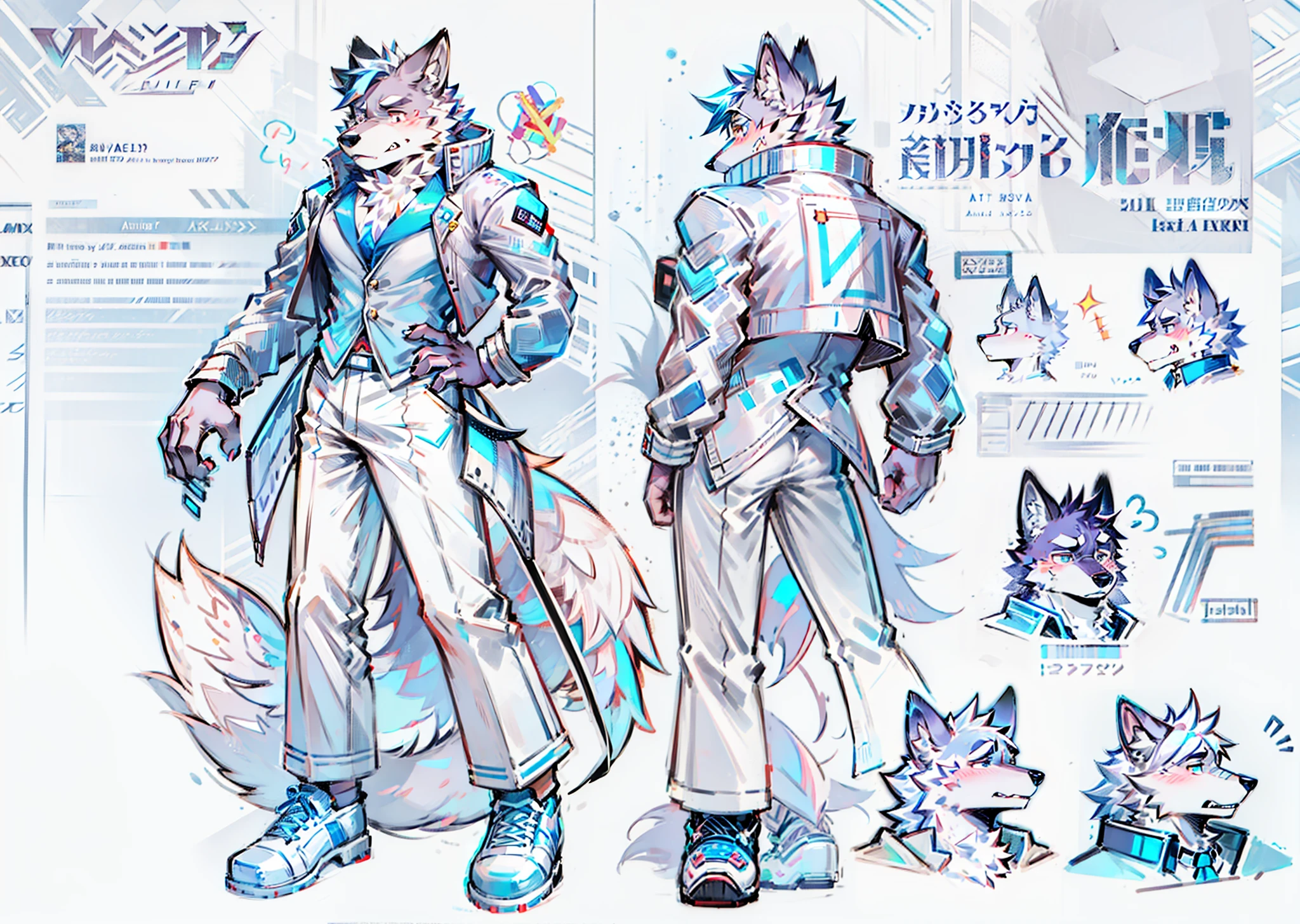 Double，Wolf family，Wolf head，Wolf ears，Wolf tail，Lonely back，Mature male，Tech jacket，Suit attire，Sad expression，Tech shoes