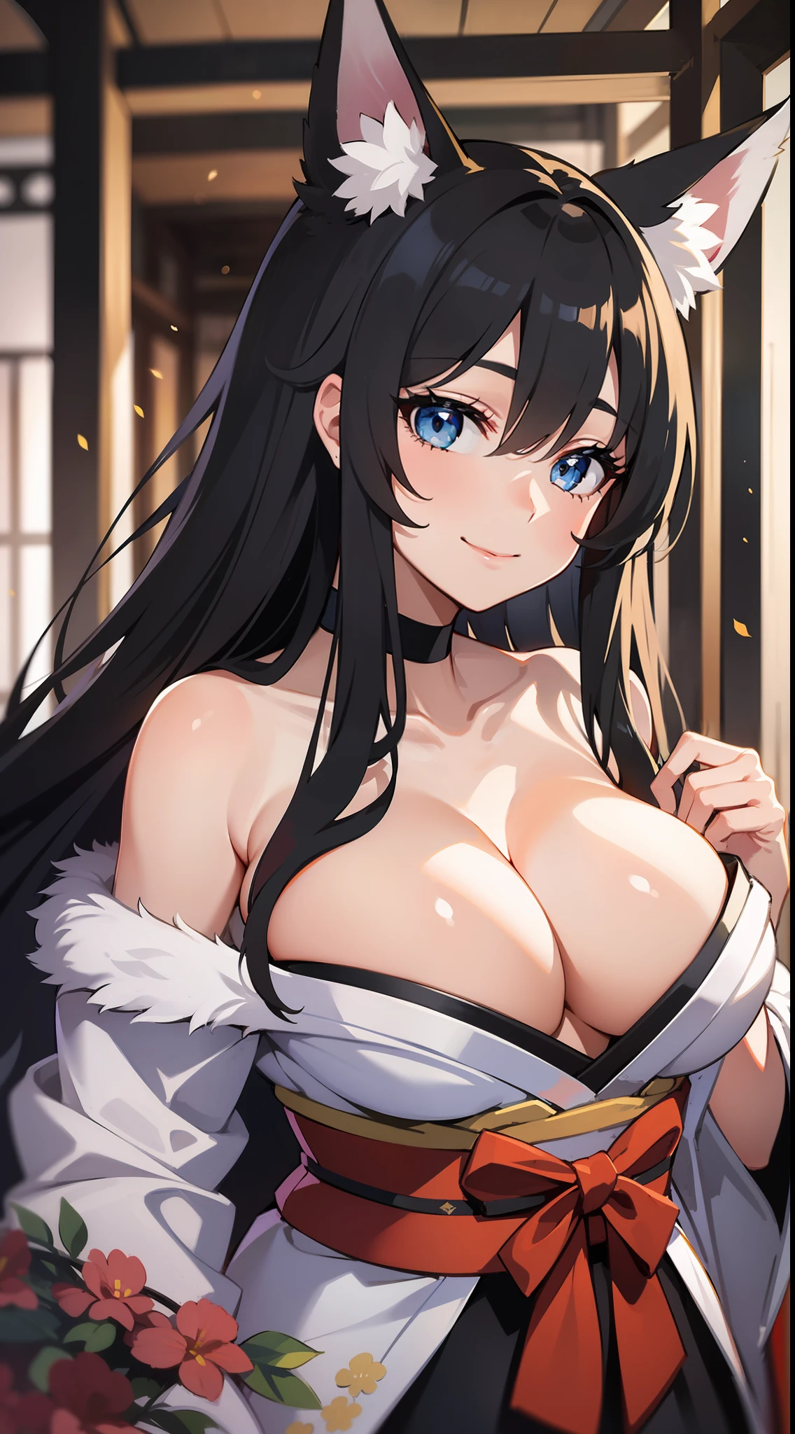 Adult woman, Long black hair, white fox ears, blue eyes, Fox tails, Lush breasts, kimono, open shoulders, open breasts, Smile, Masterpiece, hiquality