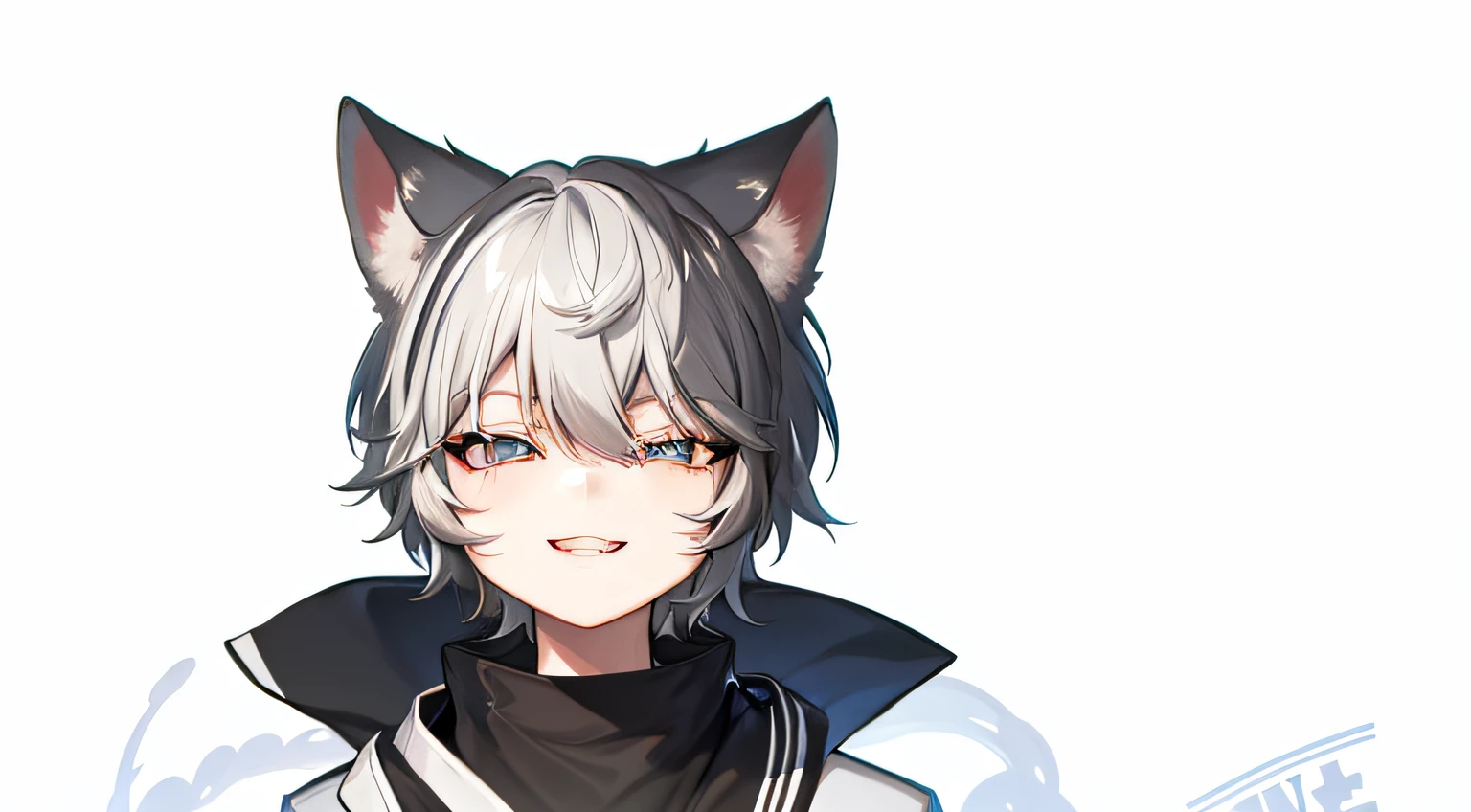 White-haired, black-eared, black-collar anime characters, [[[[grinning evily]]]], neferpitou, grinning lasciviously, cunning expression, White-haired fox, anime girl with cat ears, From Arknights, nekomimi, sly smile, Sora as a cat, cute anime catgirl