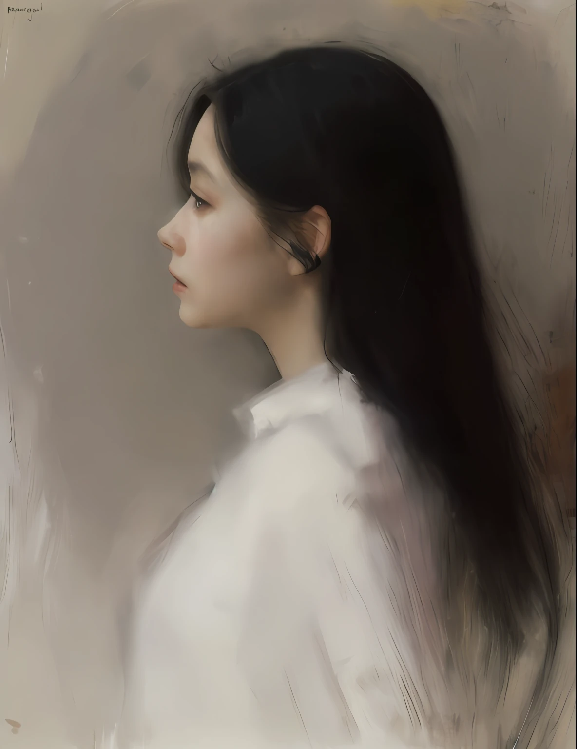 Sargent,Mucha, King,ctoil, 1girll, Black hair, Long hair, Realistic, profile, Lips, Closed mouth, shirt,