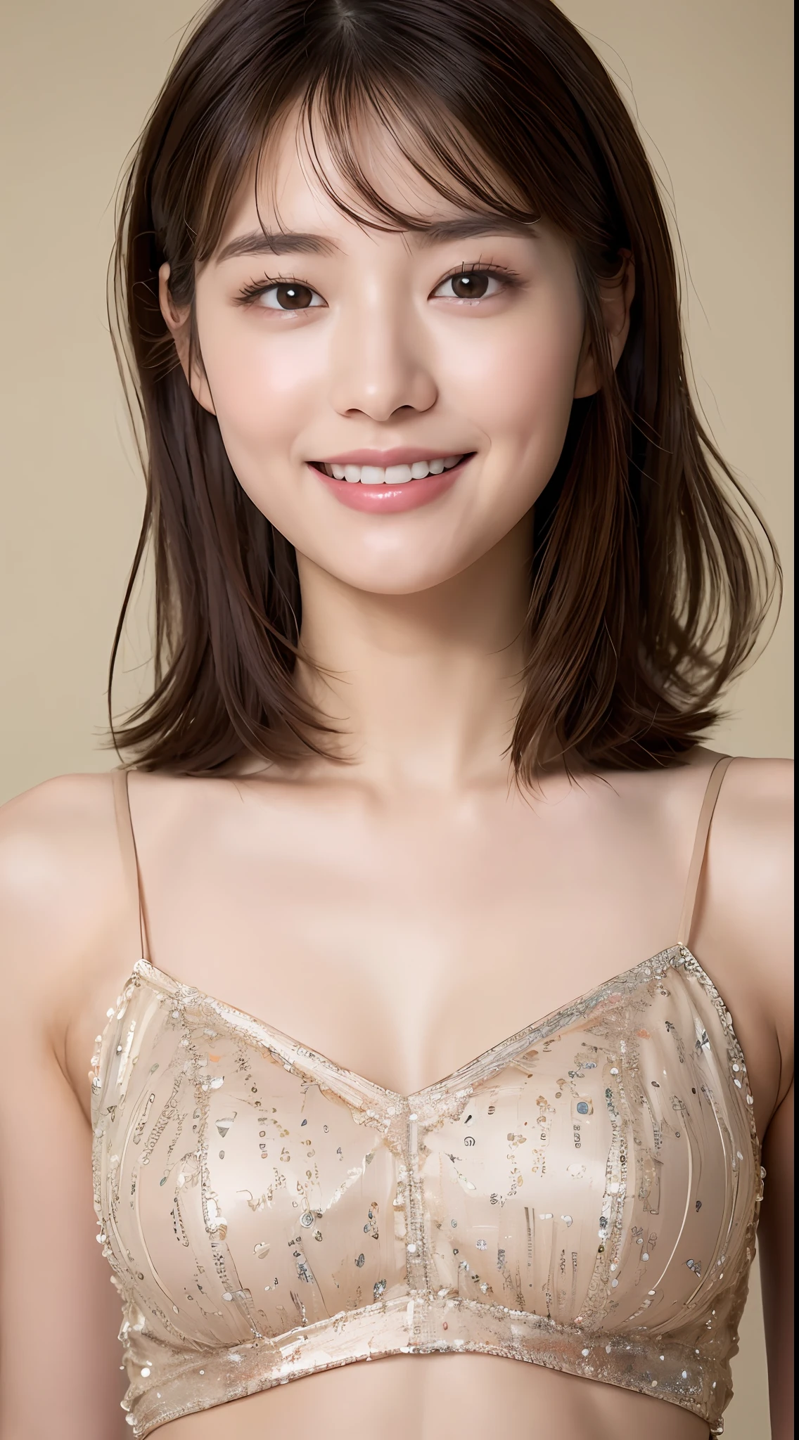 ((Best Quality, 8K, Masterpiece: 1.3)), 1 Girl, Slim Abs Beauty: 1.3, (Hairstyle Brown Hair Shortcut, Big: 1.2), Dress: 1.1, Super Slender Face, Delicate Eyes, Double Eyelids, Smile, Home, Raw Photo