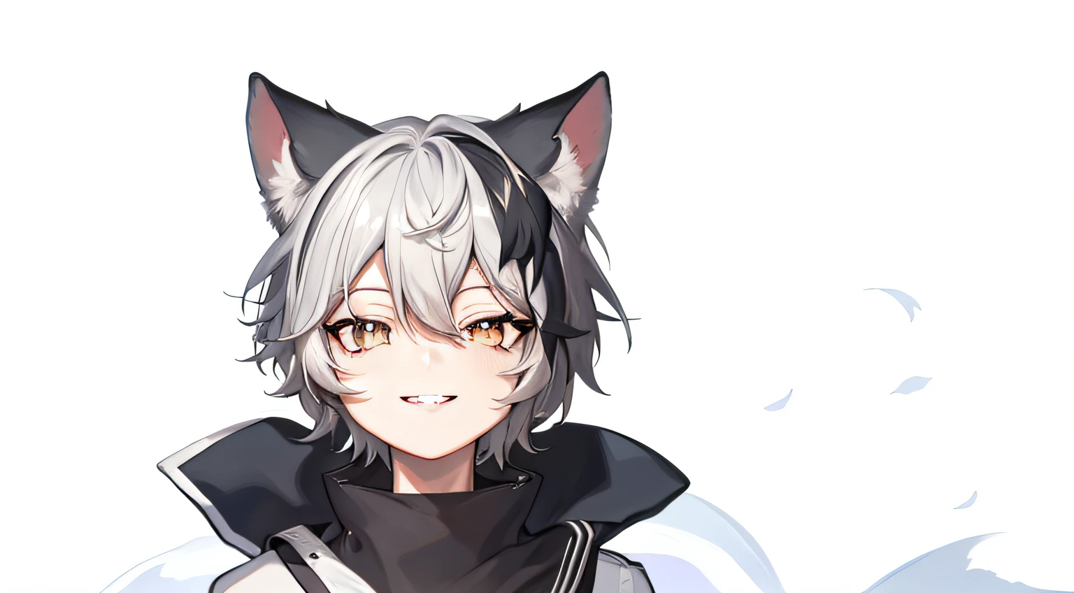 White-haired, black-eared, black-collar anime characters, [[[[grinning evily]]]], neferpitou, grinning lasciviously, cunning expression, White-haired fox, anime girl with cat ears, From Arknights, nekomimi, sly smile, Sora as a cat, cute anime catgirl