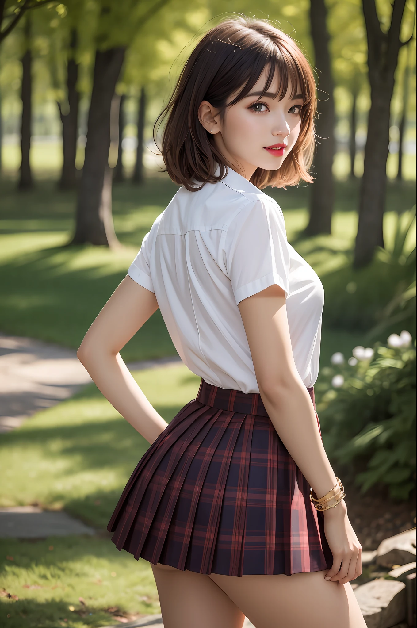 nsfw, 8K raw photo, Best quality, masterpiece, ultra high res, film grain, filmg, 1girl, looking at viewer, natural skin texture, realistic eye and face details, full lips, lipstick, (makeup), red eyeshadow, fluffy short hair, messy hair, smile, close mouth, beautiful legs, tall female, skinny, slim_legs, solo, medium breast, cleavage, Pose with buttocks facing you, ultra short skirt, ass, shirt, beautiful nature location, around flower location, (detailed background), plaid skirt, tigh skirt, white shirt, Show cleavage through the shirt, loafers, blurry background, blurry, holding, plaid, short sleeves, jk ribbon on the neck, jk ribbon, brown hair, bracelet, water, bangs, school uniform, jewelry, parted lips, lips, from side, pleated skirt, depth of field, cinematic color.