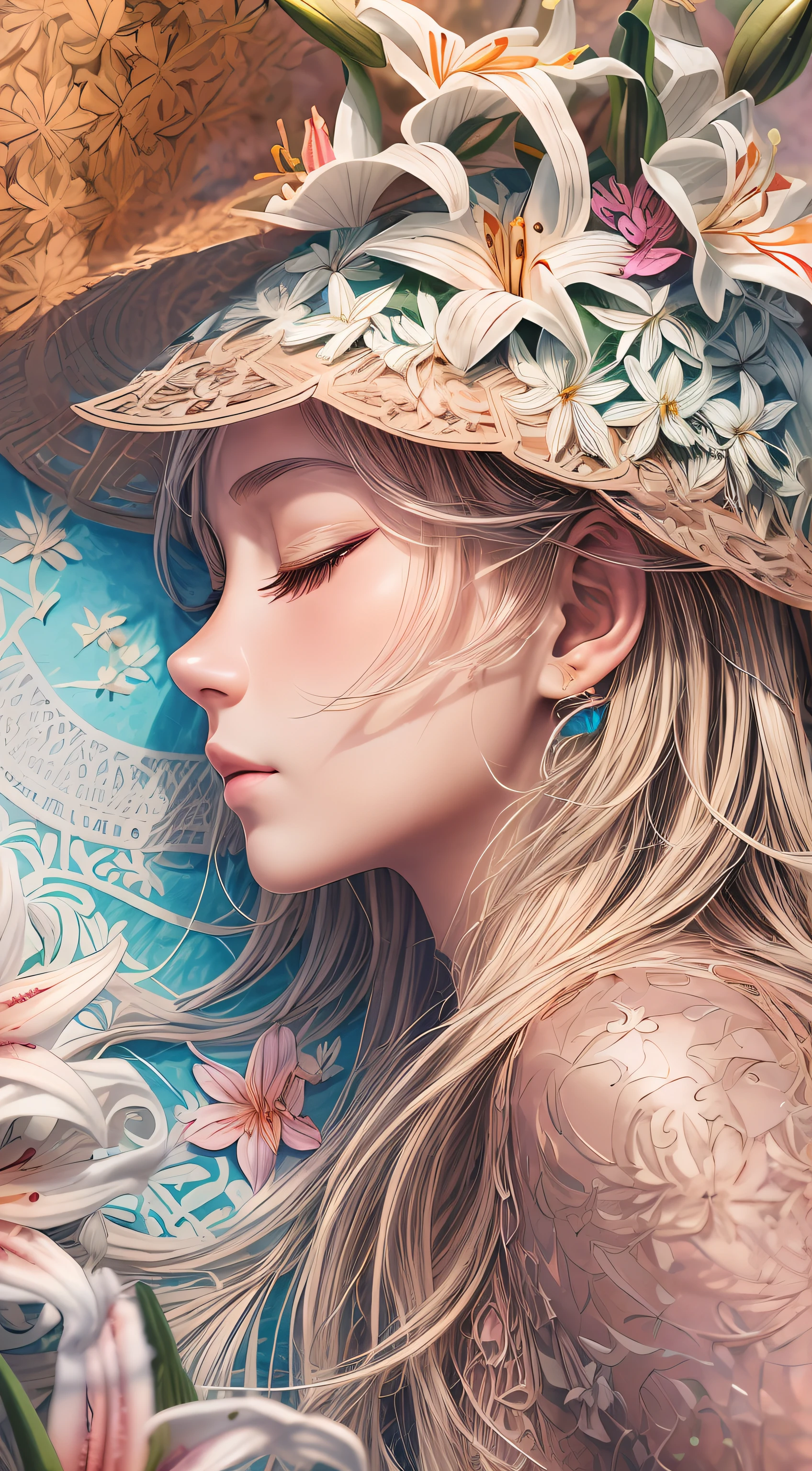 (illustration:1.3),paper art, zentangle，3D rendering，Orange background，Autumn，(Beauty side face,close eyes:1.3)，(lilies:1.2), Colorful, Best quality, Detailed details, Masterpiece, offcial art, Cinematic lighting effects, 4K,