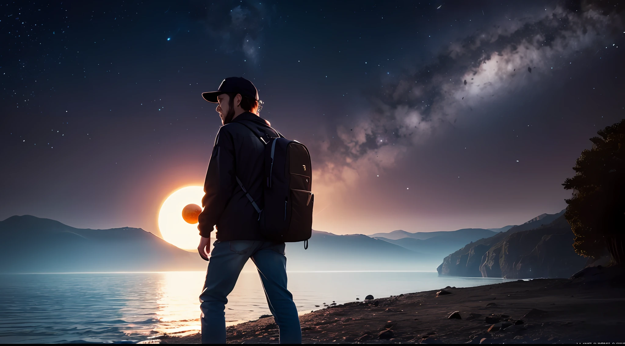 I am a 48 year old man. Llevo puestos unos pantalones de asalto negros, camiseta negra y gorra negra. Llevo una mochila color kaki en la espalda. I'm walking on a strange alien planet, veo plantas desconocidas para mi, son preciosas. I also see a kind of lake, pero el agua es rosada. The planet is illuminated by two suns. A nearby nebula is also seen in the sky..