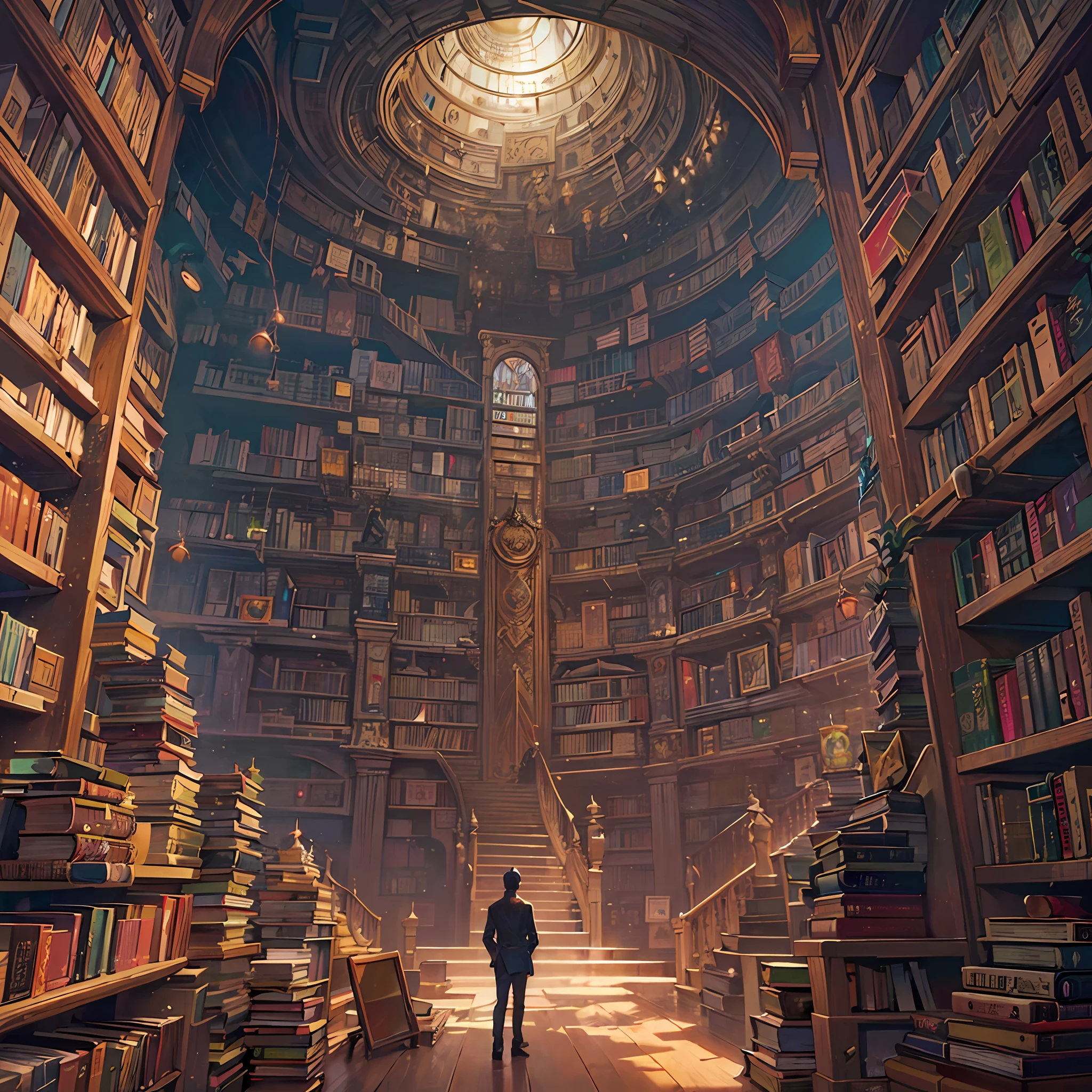 arafed image of a man standing in a library with books, endless books, borne space library artwork, books cave, fantasy book illustration, spiral shelves full of books, infinite celestial library, an eternal library, gothic epic library concept, magic library, japanese sci - fi books art, beeple and jean giraud, books all over the place