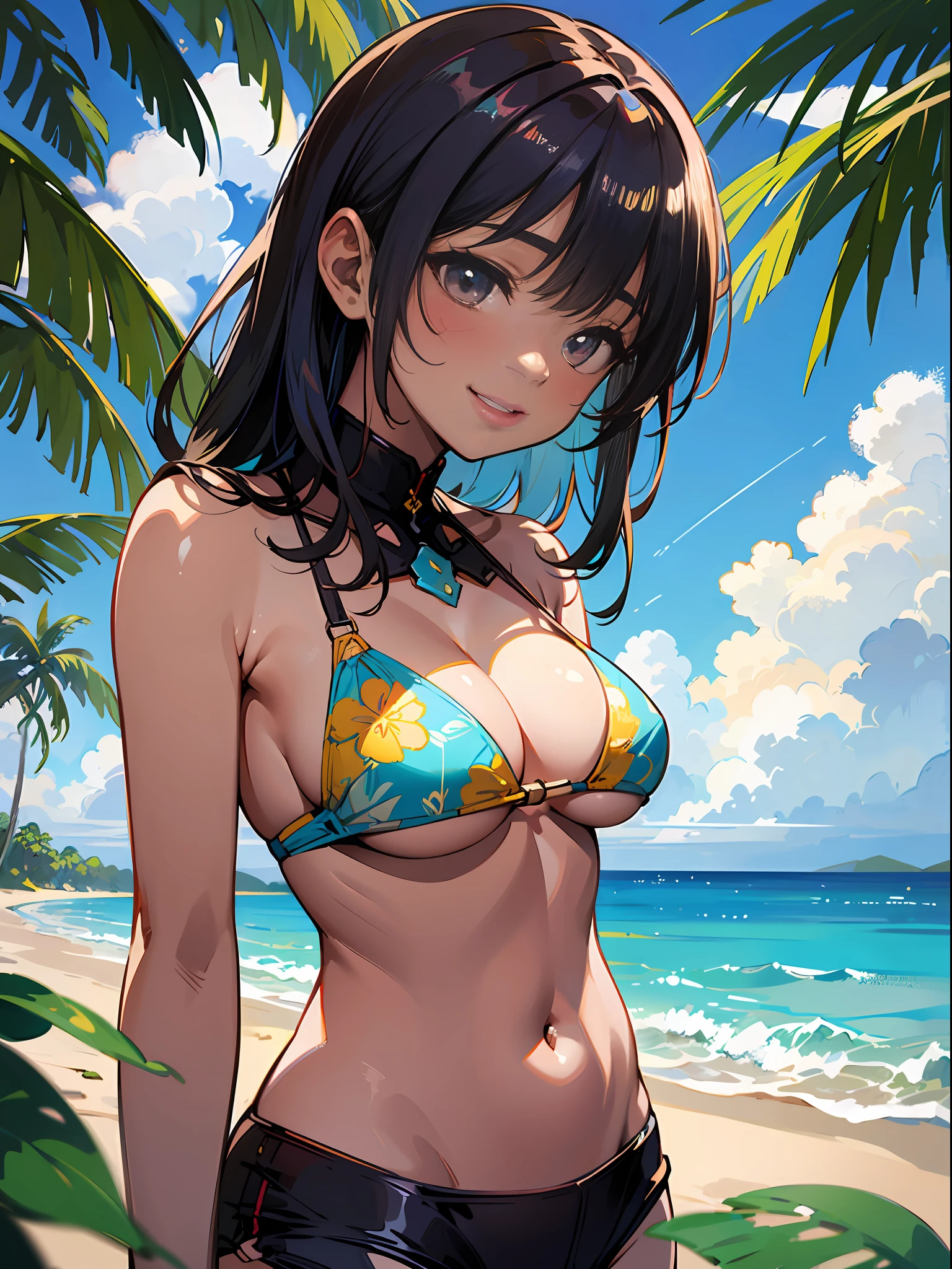 masterpiece、ultra-quality、ultra-detailliert、Perfect drawing、Solo、girl with、swim wears((Colorful bikini))((Tropical patterns))、(round and big buttocks)、、(((bulging bust top)))、((ample breasts:1.5))、((darkskin))、(Cute smile)、20yr old、plein air、cumulonimbus clouds、Tropical、Beach Resort、beatiful backgrounds、Accurate drawing、Detailed drawing、high-class sense、Open、Functional、(Composition with an emphasis on the chest)、(Shine a light on the subject)、
