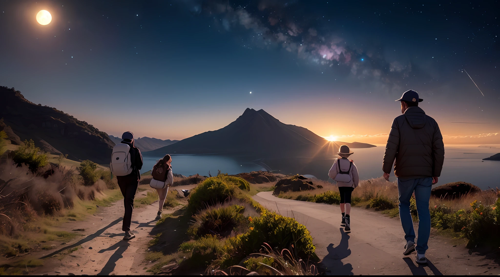 I am a 48 year old man. Llevo puestos unos pantalones de asalto negros, camiseta negra y gorra negra. Llevo una mochila color kaki en la espalda. I'm walking on a strange alien planet, veo plantas desconocidas para mi, son preciosas. I also see a kind of lake, pero el agua es rosada. The planet is illuminated by two suns. A nearby nebula is also seen in the sky..