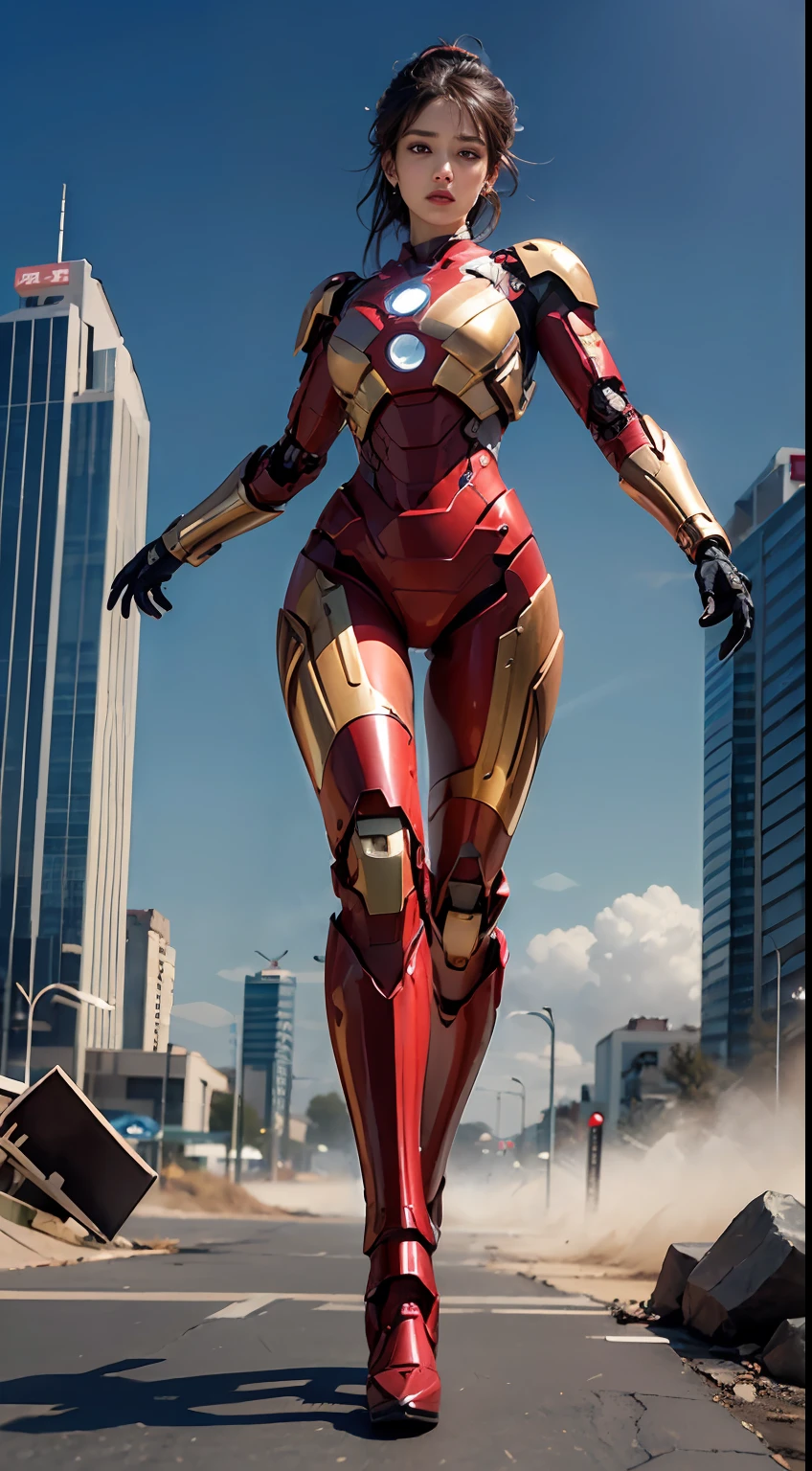 primitive，tmasterpiece，ultra fine photos，，best qualtiy，超高分辨率，Photoreality，rays of sunshine，full-body portraits，stunningly beautiful，，dynamicposes，delicated face，Vibrant eyes，detailed face with，Chinese actress Liu Yifei wears a futuristic Iron Man mecha，Red and gold color scheme，Detailed and complex busy background，Untidy，opulent，milkyW，Highly detailed skin，Realistic details of skin，Visible Pore，tack sharp focus，volume fog，8K  UHD，digital SLR camera，high qulity，filmgrain，White skin of the，photo-realism，Huge metropolis in a dystopia of the future，Look at the perspective from the bottom up，Faraway view