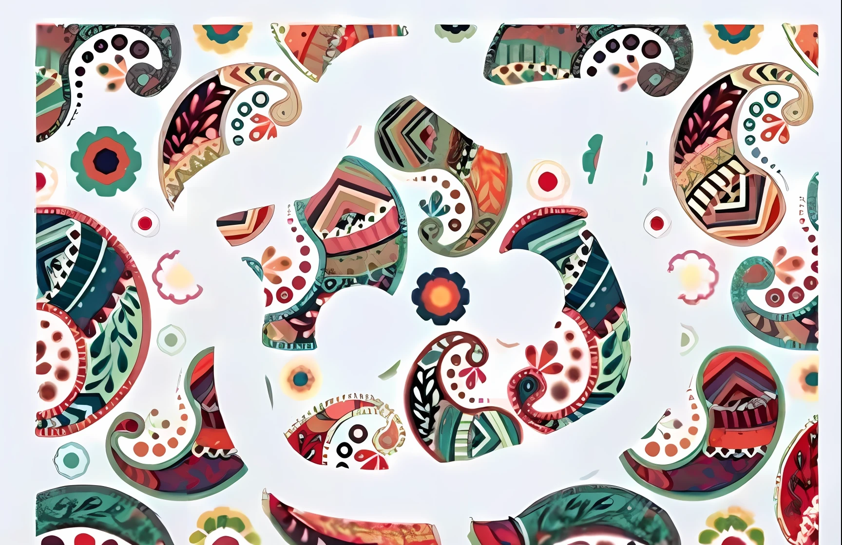 Close-up of pattern picture on white surface, paisley, Paisley wallpapers, fractal paisley inlay, floral patterned skin, Indian motifs, Intricate paisley filigree, colorful - patterns, large motifs, swirles, Colorful complex, hippie motifs, Colorful patterns, Philip Tafit, floral patterns, persian design, pattern art, 清晰的线条,The color blocks are distinct