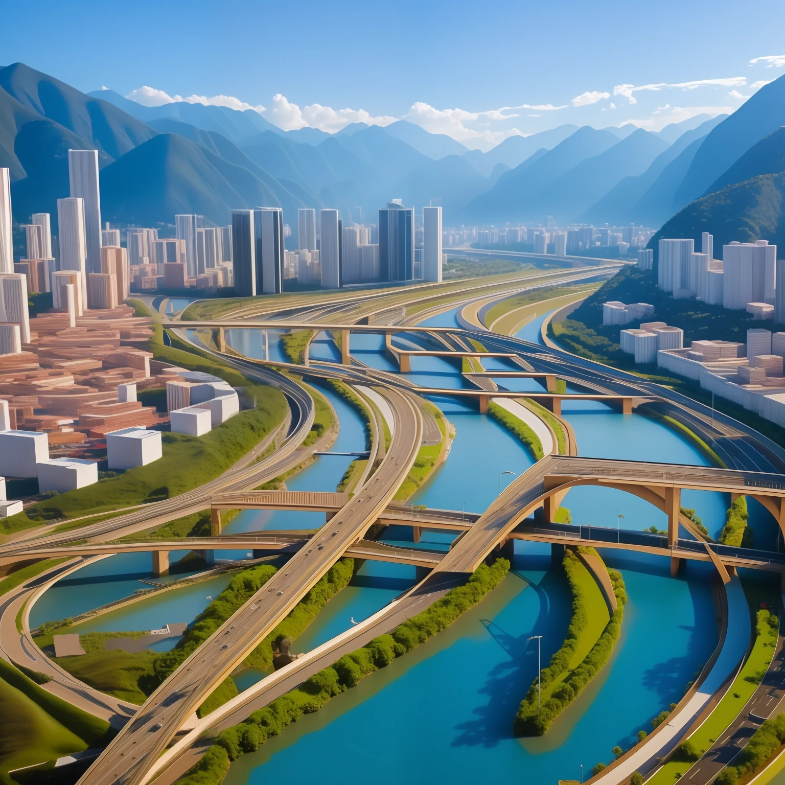 There is a city model,There is a river running through it beautifully rendered in modern times,ruanjia, Straight waterways, ,Water channels, author