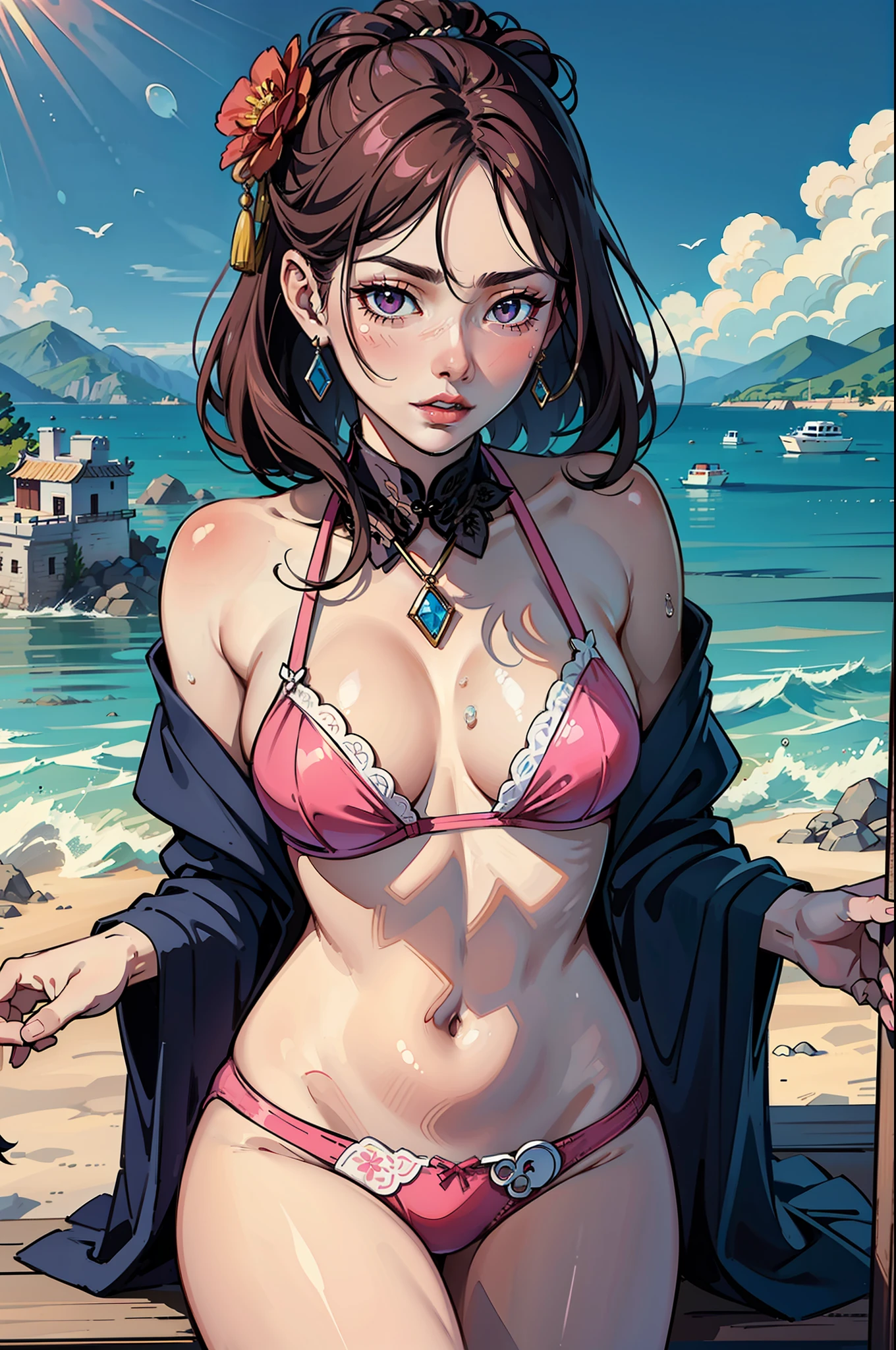 Beautiful older sister wearing sexy pink lace erotic panties on the beach,She wears a beautiful flower on her head,There are a little drops of water on the body,Hang beautiful jewelry around your neck,The image of the beauty is a type of ancient Chinese Jiangnan style