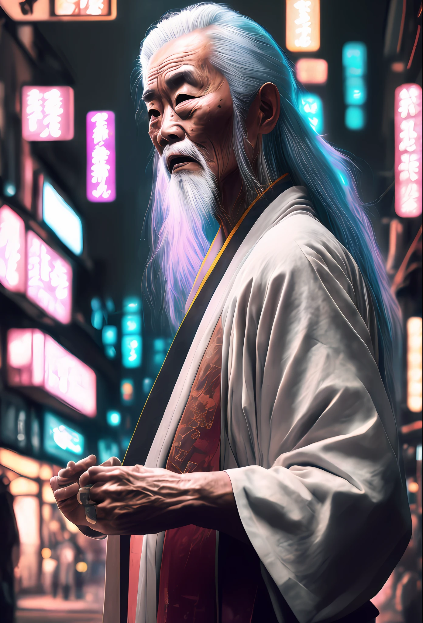 ，Fantasyart，photographrealistic，动态照明，An Asian wearing a kimono，Old man with long white hair plays a cyberpunk character on a city street。the night，neon signage，Japan manuscript，closeup cleavage，A detailed，with light glowing。Taoism，Talismans，spells，Fantasyart，photographrealistic，动态照明，