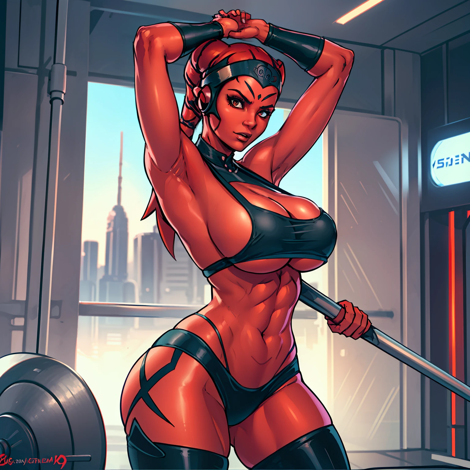 1girl, Sienn Taruna the busty Sith warrior maiden, ((busty, cleavage, underboob, sideboob, tight ass)), masterpiece, best quality, high-definition, ((red skin), twi'lek), stretching, working out, evil space knight, space ninja, (wearing black halter top, gym shorts, ((busty)), slender body, thin, slim sexy body, slim waist, ((((huge breasts, big ass))))), futuristic gym,, Star Wars,