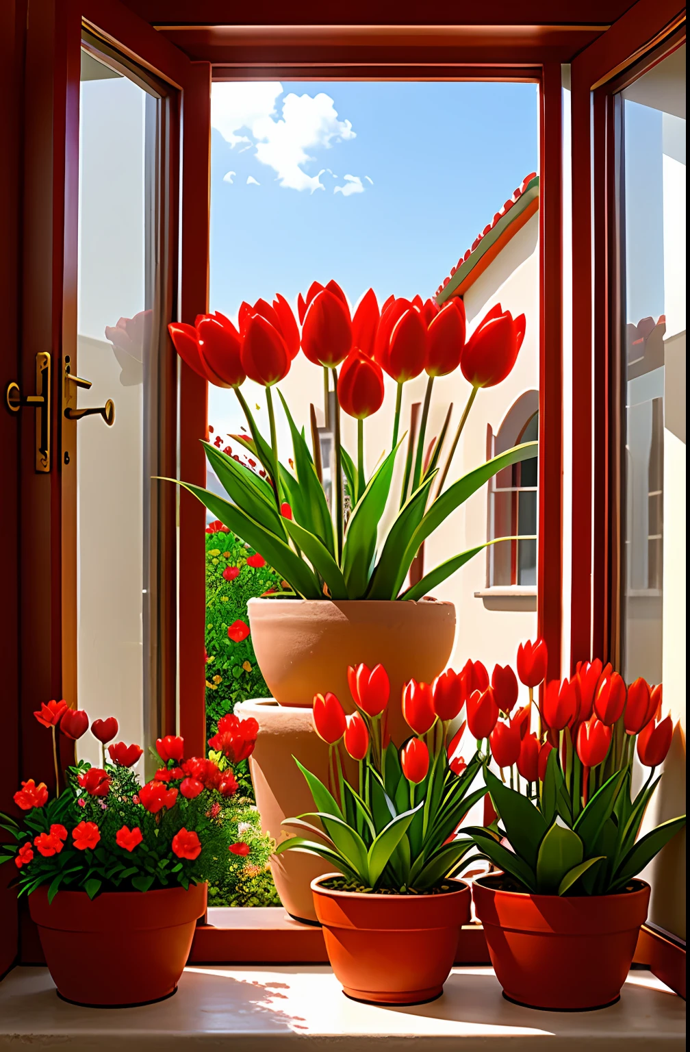 Clay pots,Red tulips, beside the window,The sun shines in,Background blank, A lot of detail, high high quality, 8K,