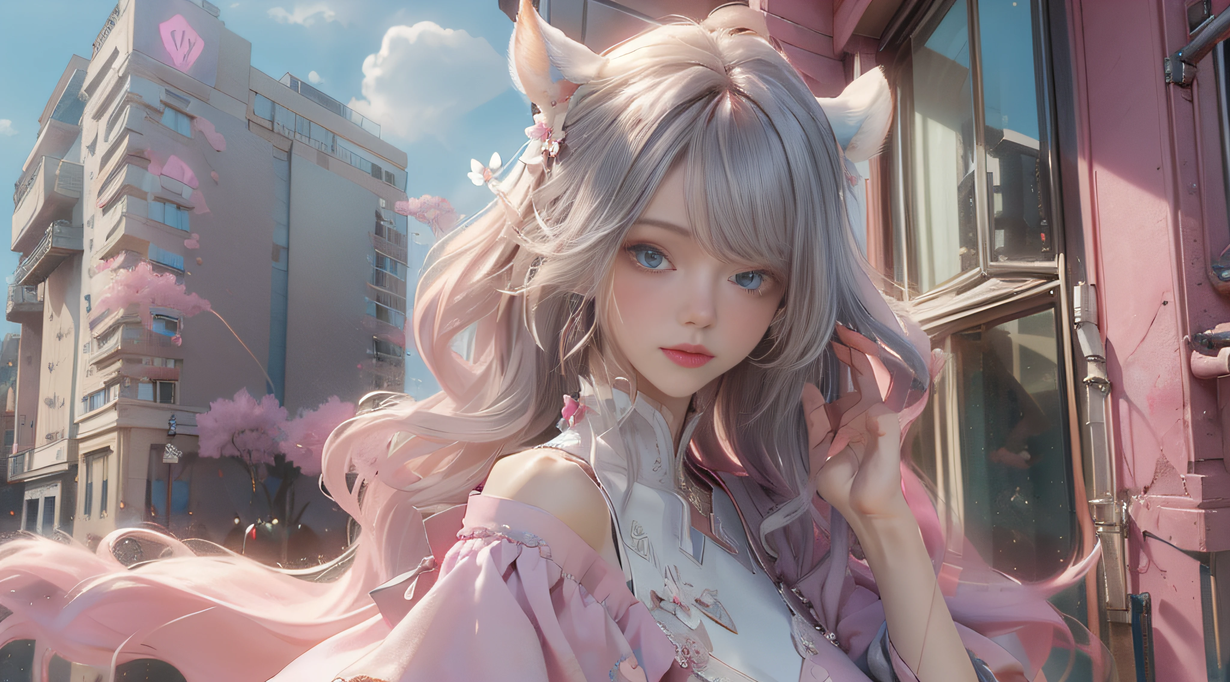 ((best qualtiy)), ((tmasterpiece)), (detail:1.4), Beautiful cyberpunk female images,hdr(HighDynamicRange),Ray traching,NVIDIA RTX,Hyper-Resolution,illusory 5,sub surface scattering,PBR textures,post-proces,Anisotropy Filtering,depth of fields,maximum definition and sharpness,Many-Layer Textures,Albedo e mapas Speculares,Surface coloring,Mitsu-Accurate simulation of material interactions,perfectly proportioned,rendering by octane,Two-colored light,largeaperture,Low ISO,White balance,Rule three points、8K raw data、Beautiful bright blue pupils,off-the-shoulder clothes,Fine pupils,Delicate face and eyes,long eyelasher,Blushlush,Delicate and fluffy hair,pink lip,Pure,Cute face,Sweet girl,Artistic sense,Casual wear,Advancedsense,butterflys,Cherry blossom petal,Beautiful hair accessories,Long hair and waist,Hair fluttering in the wind,Snow-white fox ears,curlies