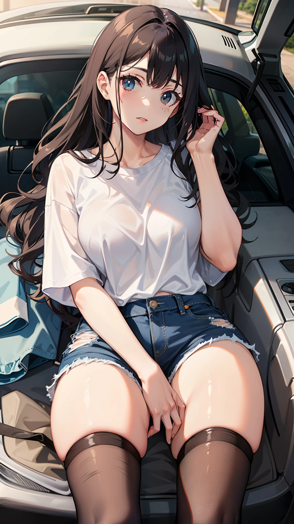 long wavy dark hair,White top,denim short,Black mesh stockings,canvas shoe,Leaning next to the car