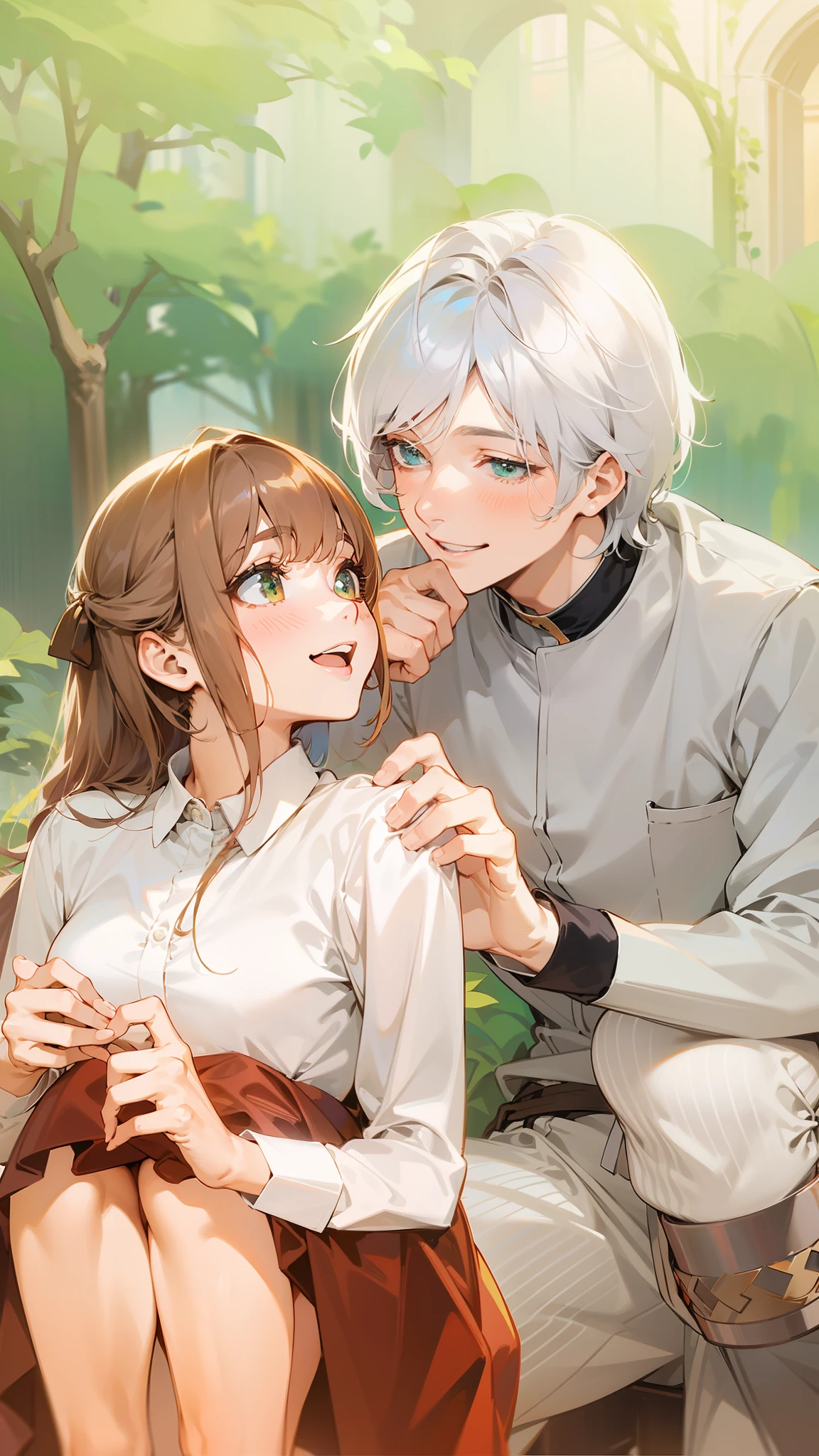 1 mulher 23 anos, olhos verdes, cabelo castanho escuro, 1 homem 25 anos, cabelo branco, ele tem olhos azuis, sorriso suave, atmofesra medieval, obra prima, anime, realista