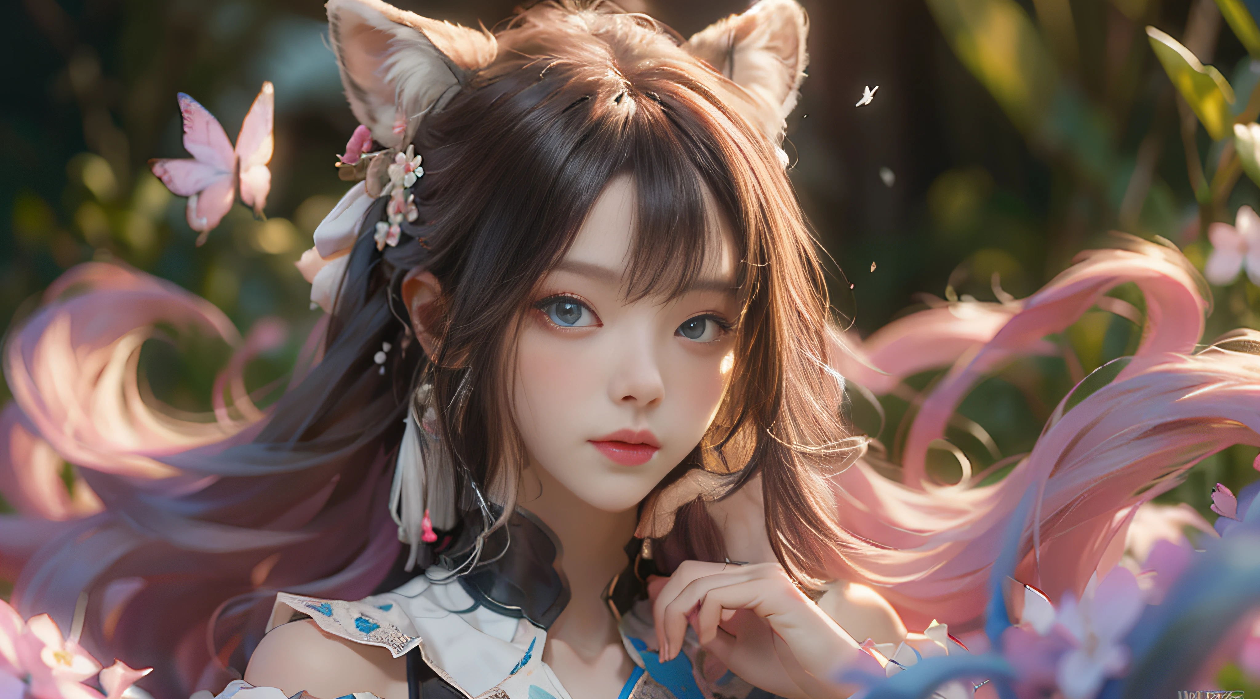 ((best qualtiy)), ((tmasterpiece)), (detail:1.4), Beautiful cyberpunk female images,hdr(HighDynamicRange),Ray traching,NVIDIA RTX,Hyper-Resolution,illusory ub surface scaing,PBR textures,post-proces,Anisotropy Filtering,depth of fields,maximum definition and sharpness,Many-Layer Textures,Albedo e mapas Speculares,Surface coloring,Mitsu-Accurate simulation of material interacctly proportioned,rendering by octane,Two-colored light,largeaperture,Low ISO,White balance,Rule three points、8K raw data、Beautiful bright blue pupils,off-the-shoulder clothes,Fine pupils,Delicate face and eyes,long eyelasher,Blushlush,Delicate and fluffy hair,pink lip,Pure,Cute face,Sweet girl,Artistic sense,Casual wear,Advancedsense,butterflys,Cherry som petal,Beautiful hair accessories,Long hair and waist,Hair fluttering in the wind,Snow-white fox ears,curlies