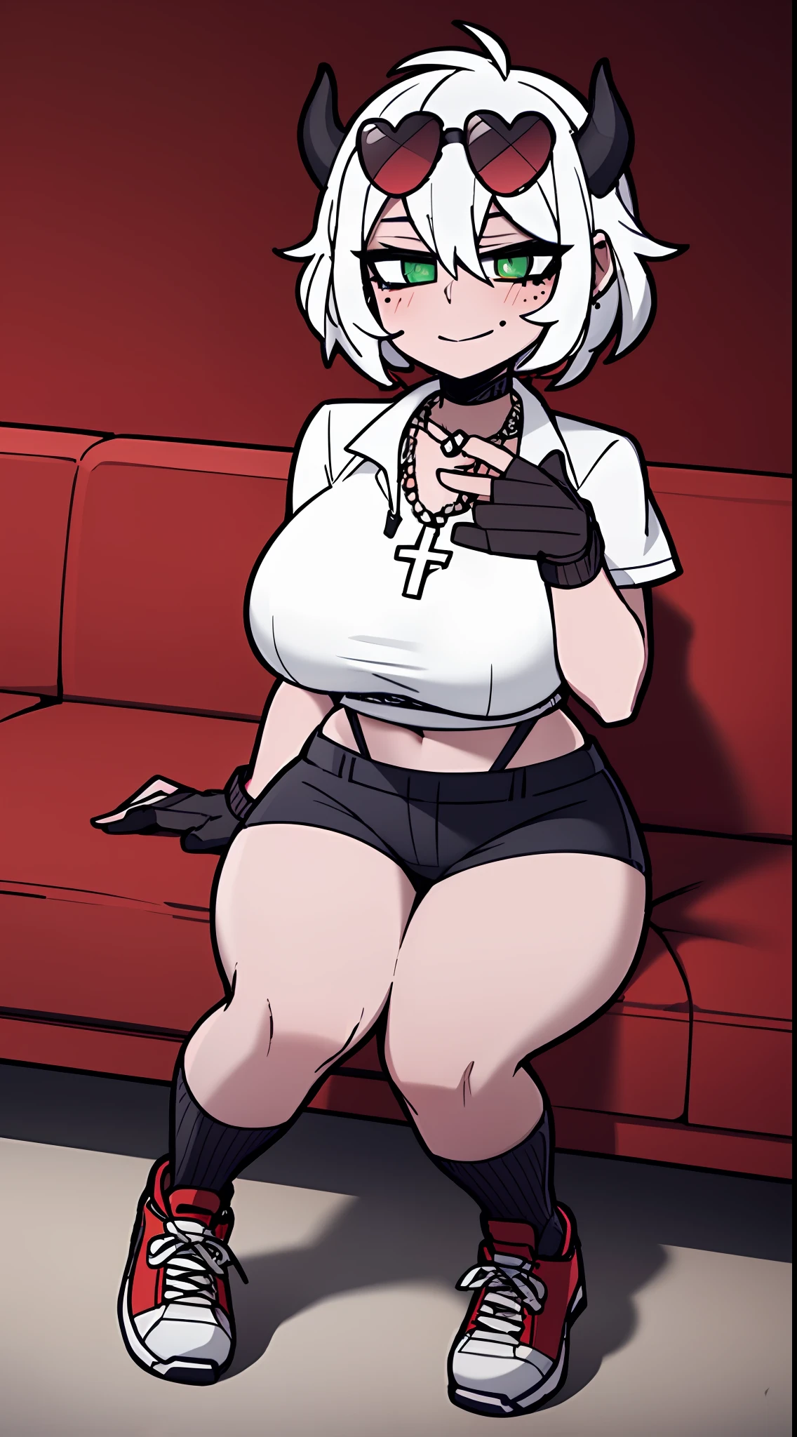 1girl, solo, height difference, short sleeve hoodie, black fingerless gloves, breasts, wide hips, blush, blushing, thick thighs, night, cross necklace, heart eyes, full body shot, horns on head, demon tail, black white and red outfit, red black and white background colors, white hair, tomboy, short hair, smiling, sneakers, running shoes, short shorts, exposed thigh, green eyes, black hair, viewing from front, thick thighs, knee socks, exposed stomach, thighs, winking, large breasts, living room, black leather couch, rug, dynamic angle, sharp focus, sitting, mascara, sunglasses on head, horizontal seat, symbol shaped pupil, heterochromia, glowing eyes, two tone top, hand on head, windows, sunrays, mole under eye, 1 red eye,
