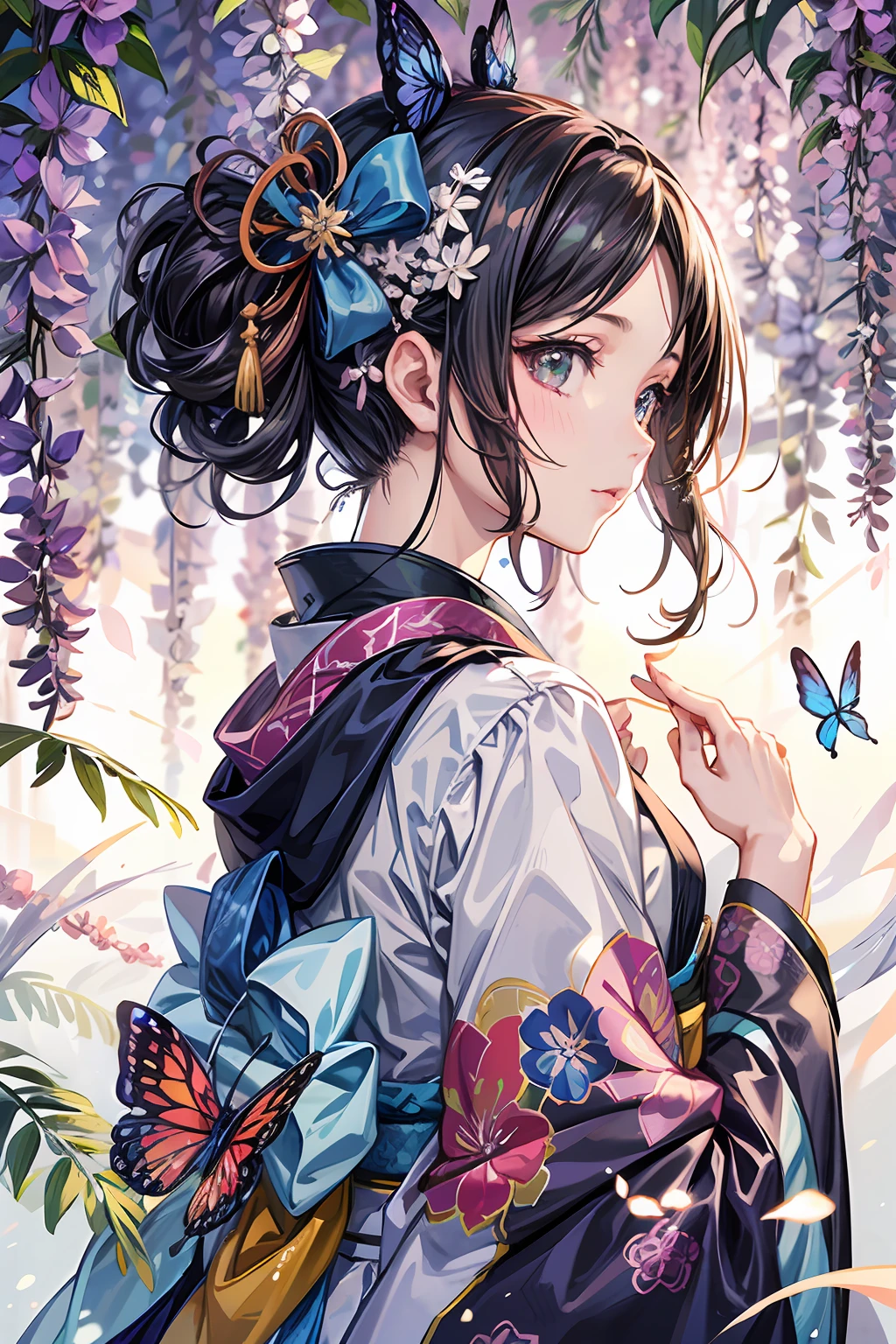 a woman in a kimono with a butterfly on her head, detailed digital anime art, beautiful anime portrait, clean detailed anime art, digital anime illustration, japanese art style, in kimono, beautiful anime artwork, anime illustration, beautiful anime art, in a kimono, detailed anime art, anime style illustration, digital anime art, beautiful anime art style, detailed anime character art