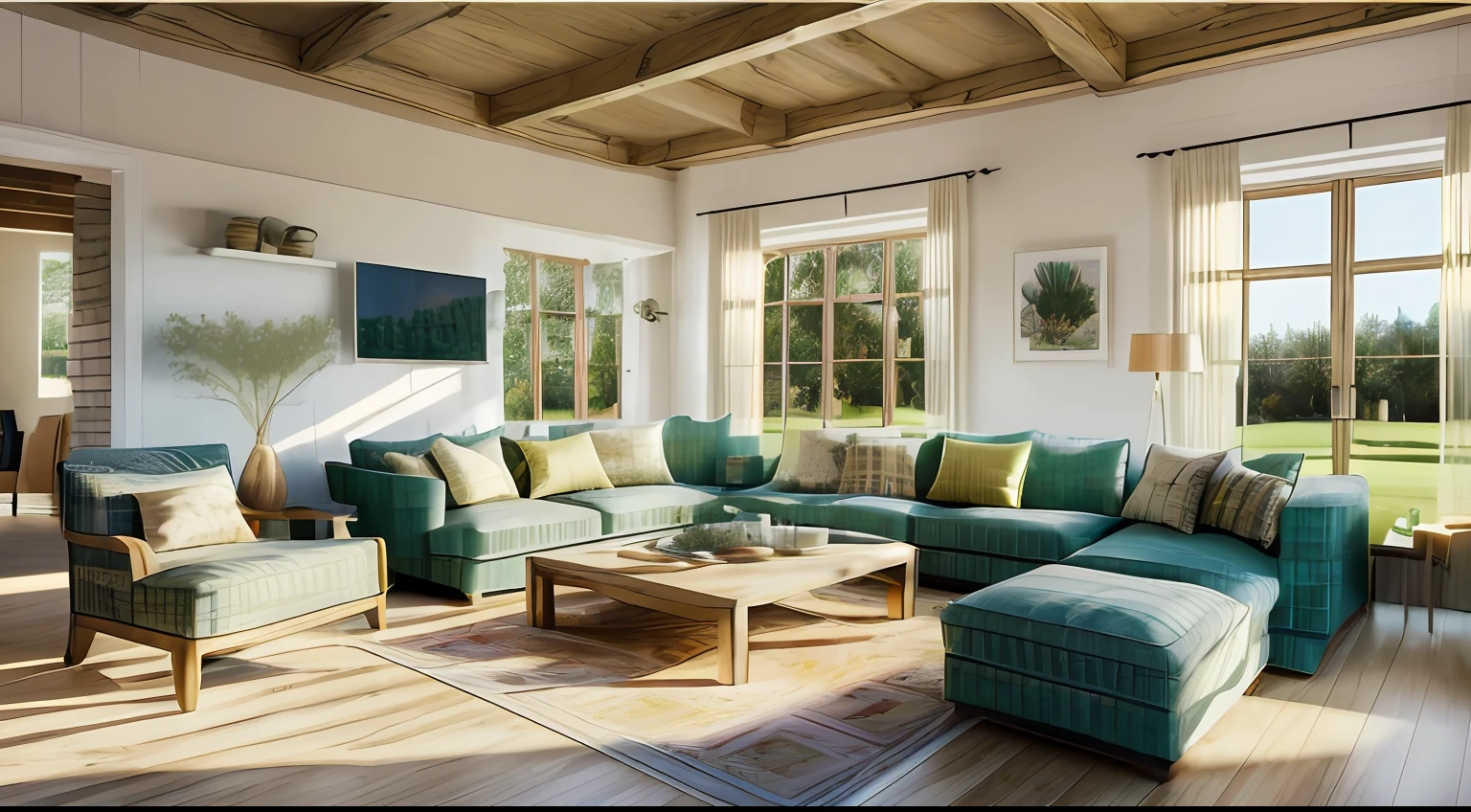 ((masterpiece,best quality,highres,sharp forcus)) (((detail forcus))) , livingroom in style  of farmhouse ,((farmhouse furniture)),  flat ceiling