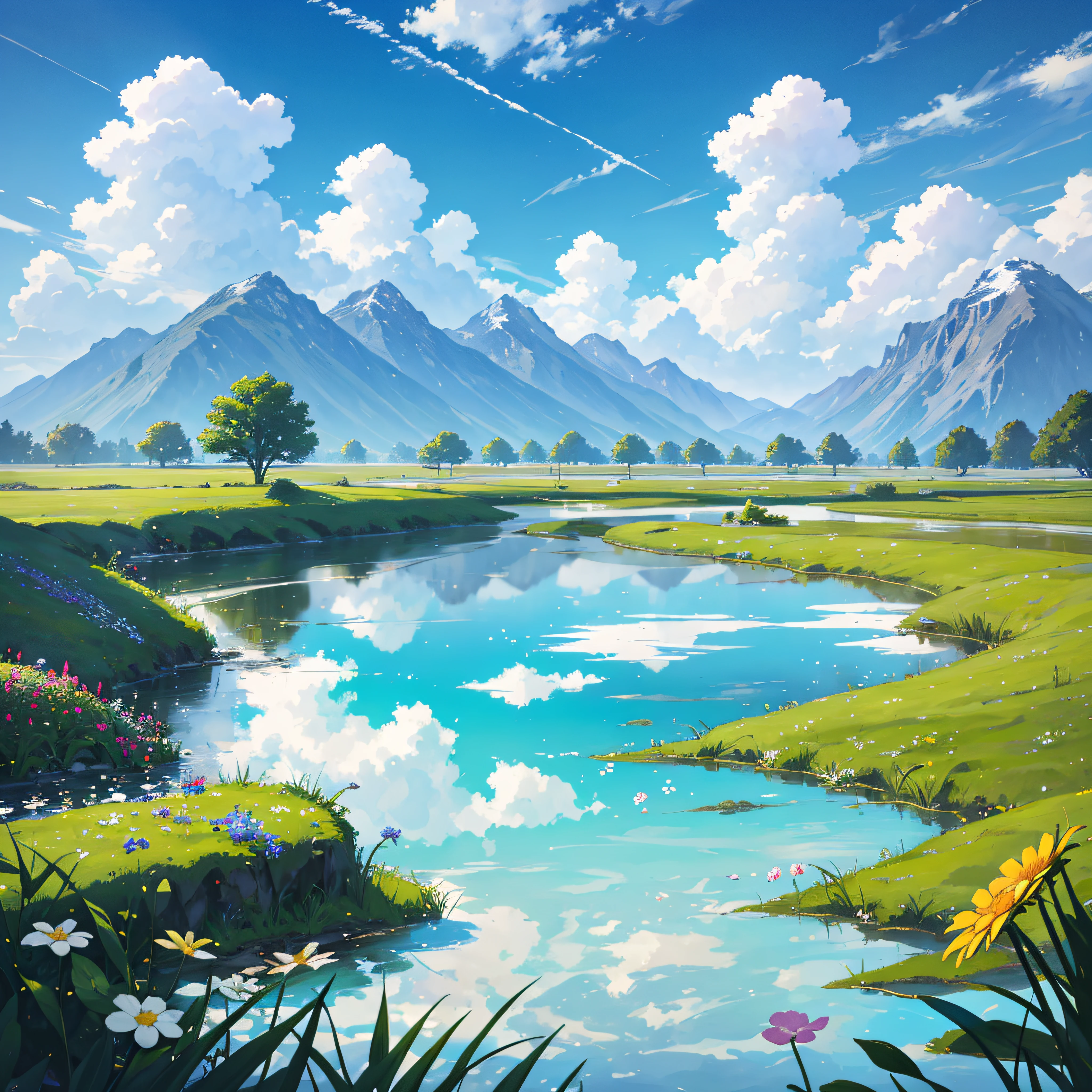 Summer, meadows, a few small flowers, clear river, sheep, heaven, large clouds, blue sky, hot weather, HD detail, hyper-detail, cinematic, surrealism, soft light, deep field focus bokeh, distant vistas are snowy mountains, ray tracing, and surrealism. --v6