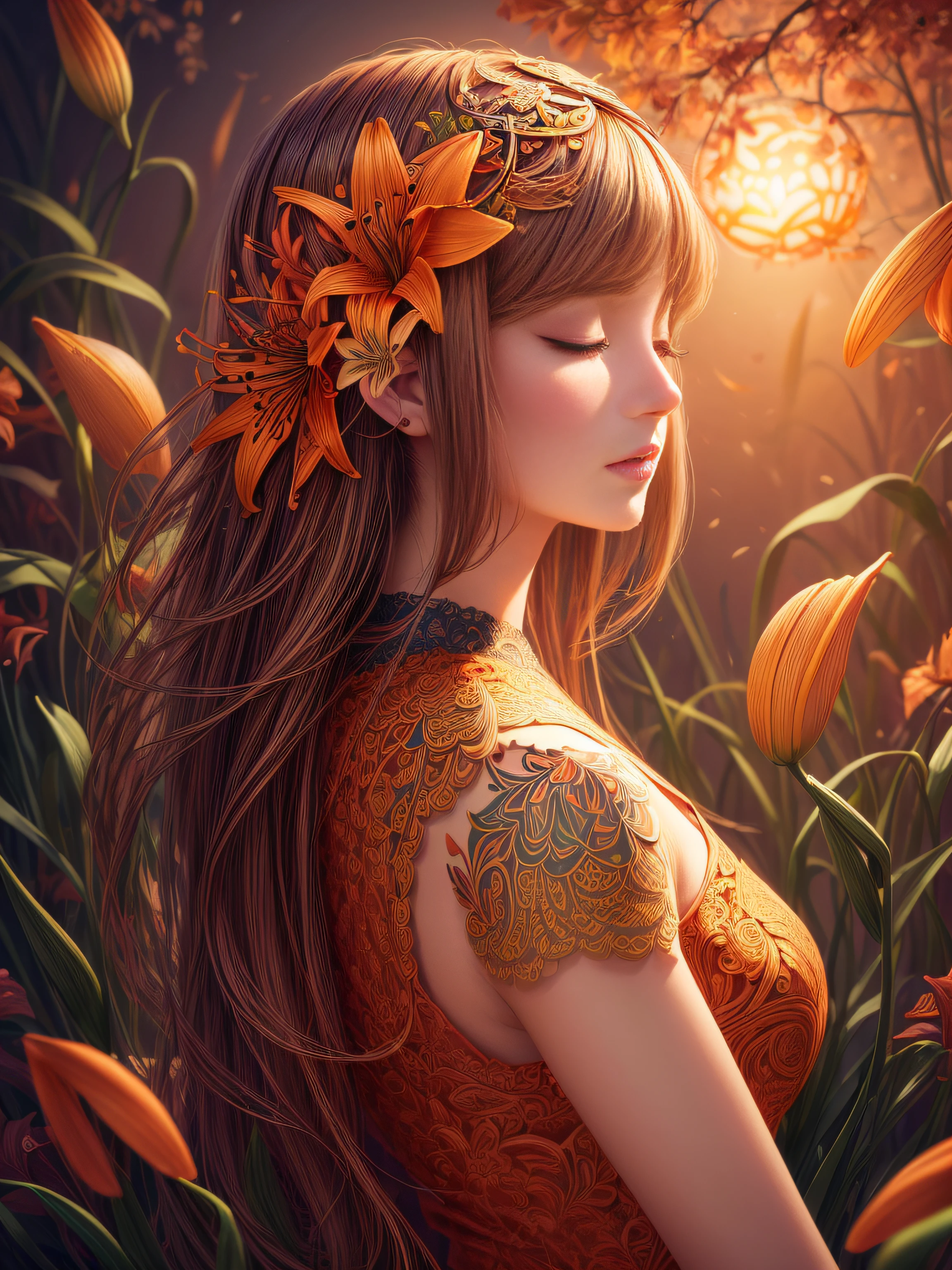 (illustration:1.3),paper art, zentangle，3D rendering of，Orange background，Autumn，(Beauty side face,closing her eyes:1.3)，(lilies:1.2), Colorful, Best quality, Detailed details, Masterpiece, offcial art, Cinematic lighting effects, 4K,