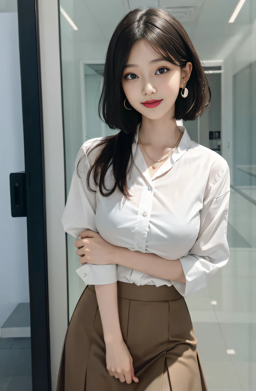 Allafed Asian woman in white shirt and brown skirt, elegant slim beige shirt, fine white shirt, wearing shirt, wear's beige shirt, wearing shirt, in a white shirt, Lee Ji-eun, lee ji eun, sakimichan, cream colored blouse, in a white shirt, jaeyeon nam, Choi Hyun-hwa