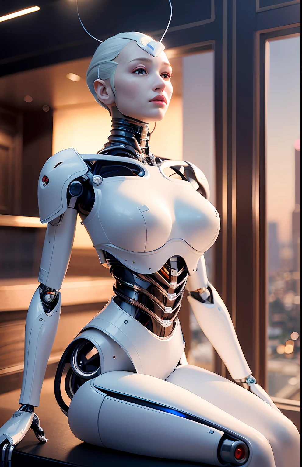 complex 3d render ultra detailed of a beautiful porcelain profile woman android face, cyborg, robotic parts, 150 mm, beautiful studio soft light, rim light, vibrant details, luxurious cyberpunk, lace, hyperrealistic, anatomical, facial muscles, cable electric wires, microchip, elegant, beautiful background, octane render, H. R. Giger style, 8k, best quality, masterpiece, illustration, an extremely delicate and beautiful, extremely detailed ,CG ,unity ,wallpaper,Amazing, finely detail, masterpiece,best quality,official art, extremely detailed CG unity 8k wallpaper, robot, silver halmet, ((full body)), sitting