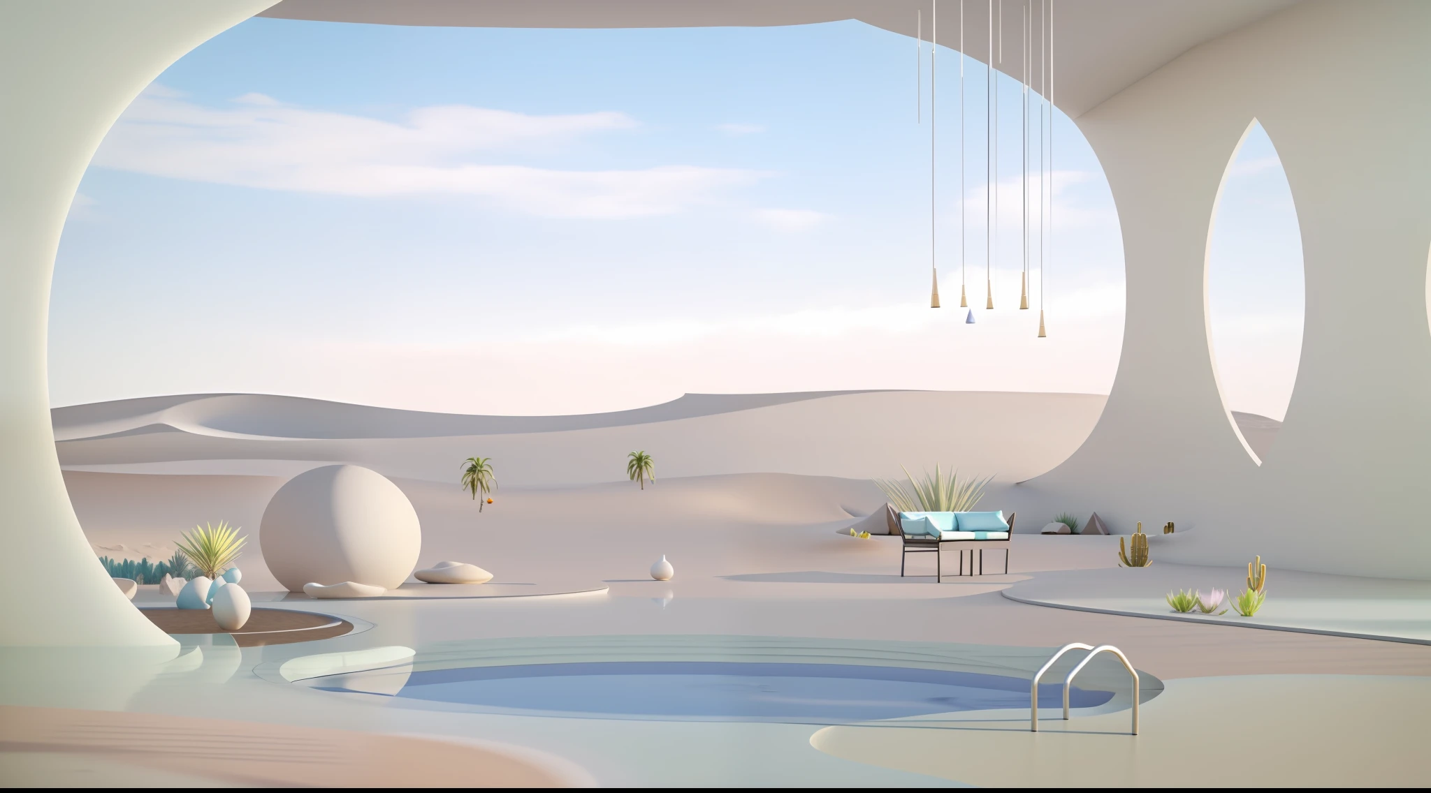 Renderings of rooms with pool and desert views, a surreal dream landscape, surreal 3 d render, in a surreal dream landscape, surreal dream landscape, surreal scene, surreal sci fi set design, Surreal landscape, surreal dreamscape, hyperrealistic aesthetic, beautiful landscape rendering, 3d scene, 3D scene, hyperrealistic compositions, surreal concept art