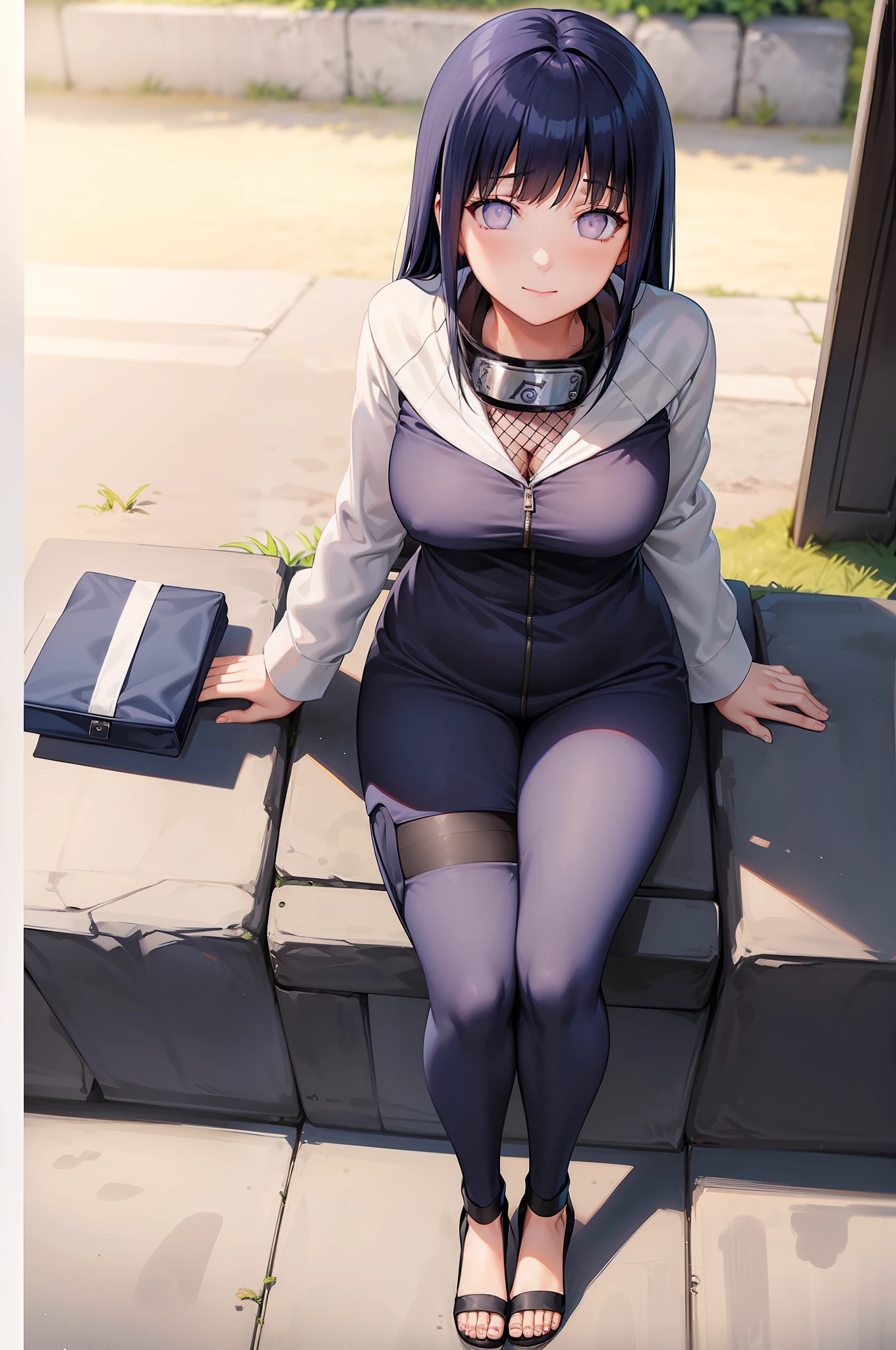 top-quality、Full body portrait、delicated face、cute  face、a 25yo woman、slim figure、Petite bust、OL Uniform、Office Clothes、Black stockings、Outdoor Scene、Seats、Hinata Hyuga,darkblue hair,length hair