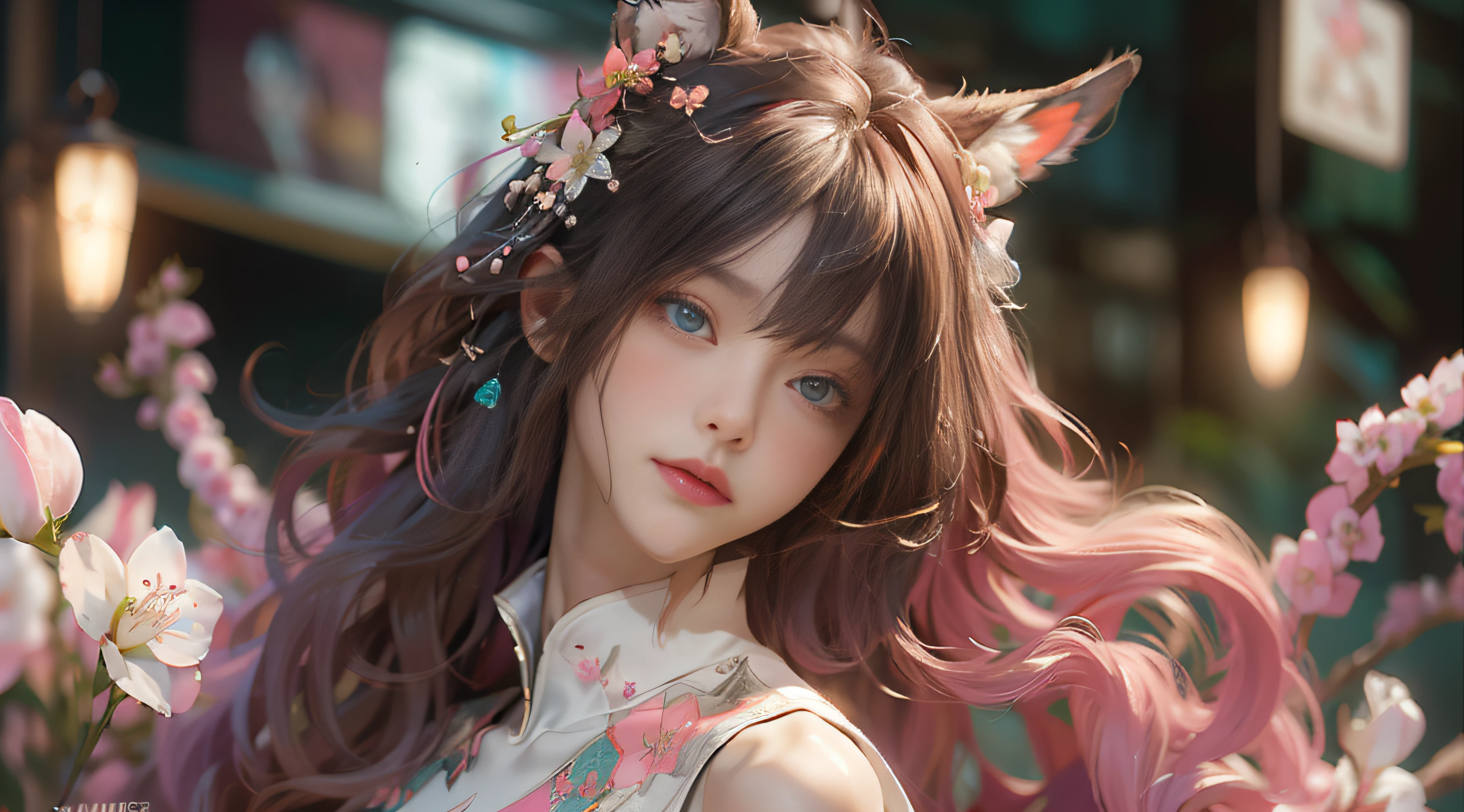 （（best qualtiy））， （（tmasterpiece））， （detail：1.4）， Beautiful cyberpunk female images，hdr（HighDynamicRange），Ray traching，NVIDIA RTX，Hyper-Resolution，illusory 5，sub surface scattering，PBR textures，post-proces，Anisotropy Filtering，depth of fields，maximum definition and sharpness，Many-Layer Textures，Albedo e mapas Speculares，Surface coloring，Mitsu-Accurate simulation of material interactions，perfectly proportioned，rendering by octane，Two-colored light，largeaperture，Low ISO，White balance，Rule three points、8K raw data、Beautiful bright blue pupils，off-the-shoulder clothes，Fine pupils，Delicate face and eyes，long eyelasher，Blushlush，Delicate and fluffy hair，pink lip，Pure，Cute face，Sweet girl，Artistic sense，Casual wear，Advancedsense，butterflys，Cherry blossom petal，Beautiful hair accessories，Long hair and waist，Hair fluttering in the wind，foxears，curlies