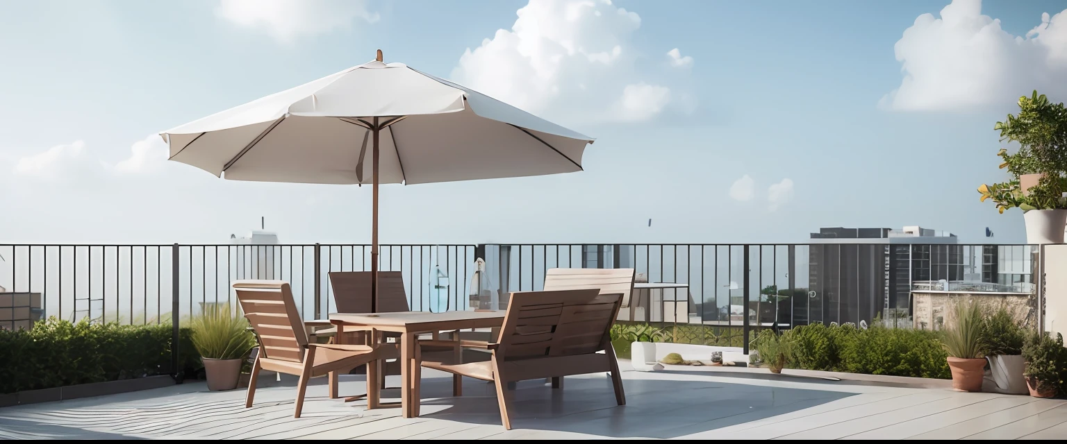 The terrace is equipped with tables, chairs and umbrellas。, terraced, Balcony, concrete balcony, high quality rendering, high quality realistic, 3 d photorealistic render, photorealistic highly detailed, Photorealistic style, High quality 3D realistic, realistic detail, Beautiful terrace, realistic pictures, Photorealistic rendering, high quality topical render, highly photographic render