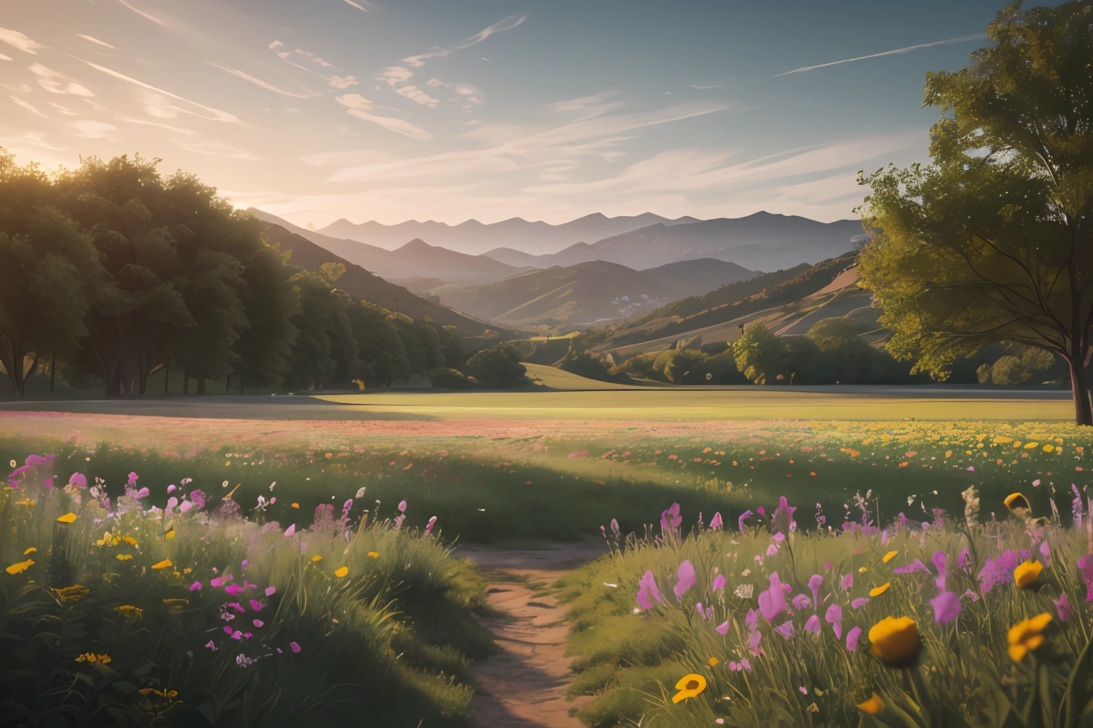 A peaceful, very pleasant, aesthetic, quiet, picturesque place, fields full of flowers. photorealistic, 8k uhd, studio quality, ultra realistic, maximum detail, massive scale, post processing, realistic, photorealism, photoshop, photography, detailed, cinematic lighting, landscape, panoramic, ray tracing, cinema4d