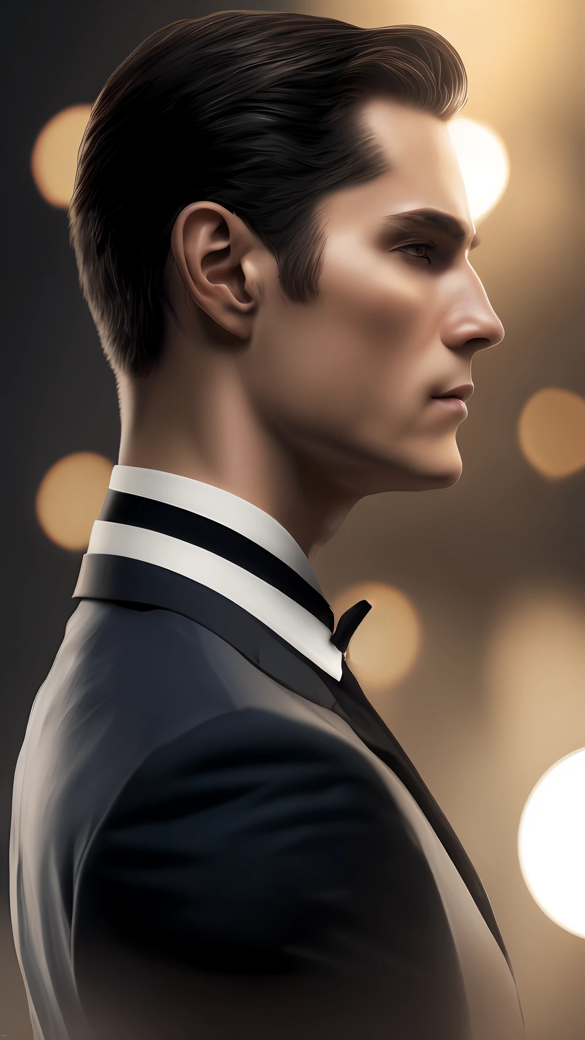 Businessman, estilo Bruce Wayne, vestindo terno 18k, highes definition, rosto detalhado, rosto detalhado, olhos azuis detalhados, cabelos pretos detalhados, serious profile, terno detalhado, hiper-realista, + Cinematographic shot + dynamic compositing, incrivelmente detalhado, nitidez, detalhes + soberbo detalhes + noite com luz + perfeccionismo + realismo premiado ((mood lighting))