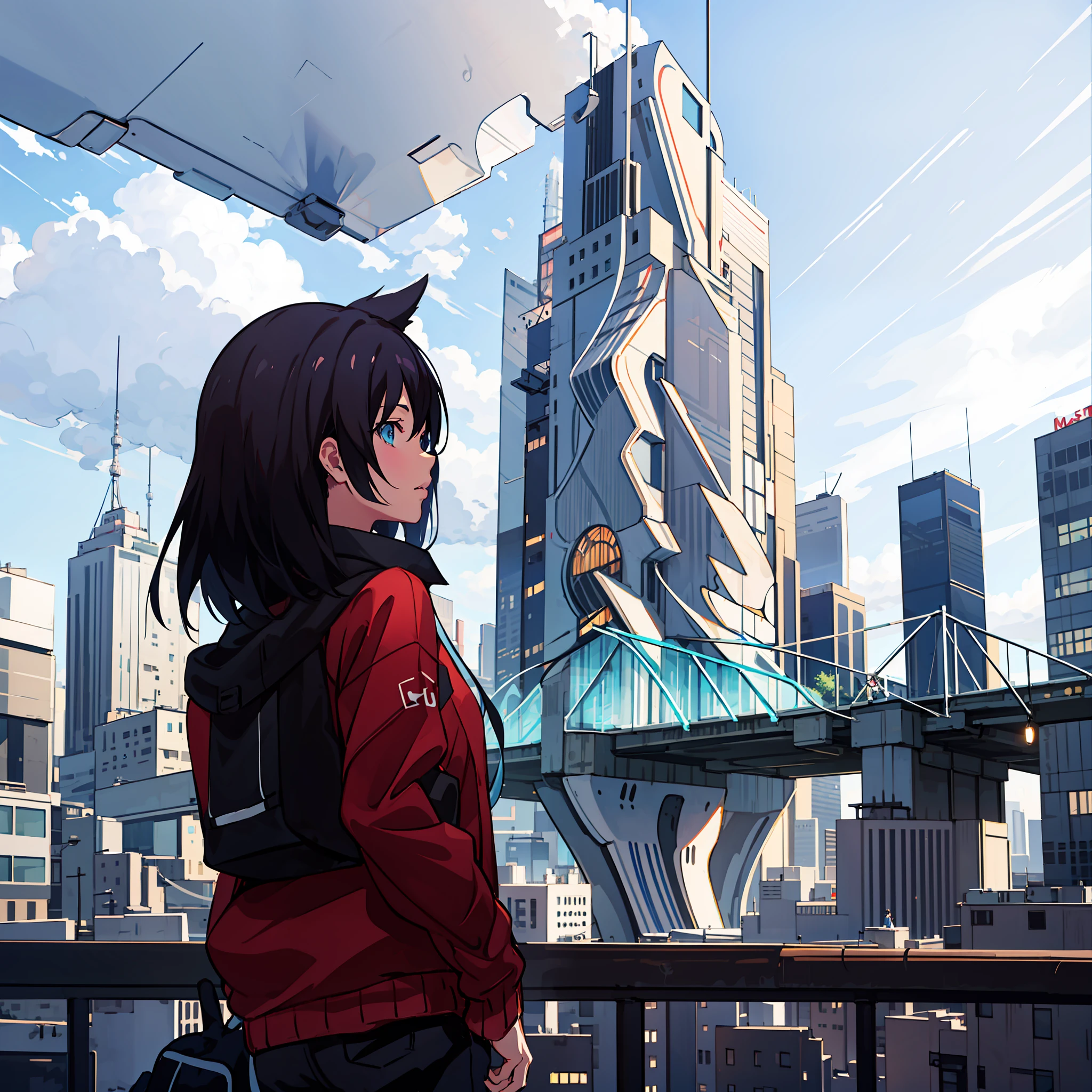 Anime girl looking at city skyline,Skyscrapers in the background, anime style cityscape, overlooking a modern city, tokyo anime anime scene, in front of a sci fi cityscape, Makoto Shinkai Cyril Rolando, looking at the city, Digital anime illustration, looking over city, Realistic anime 3 D style, inspired by Makoto Shinkai