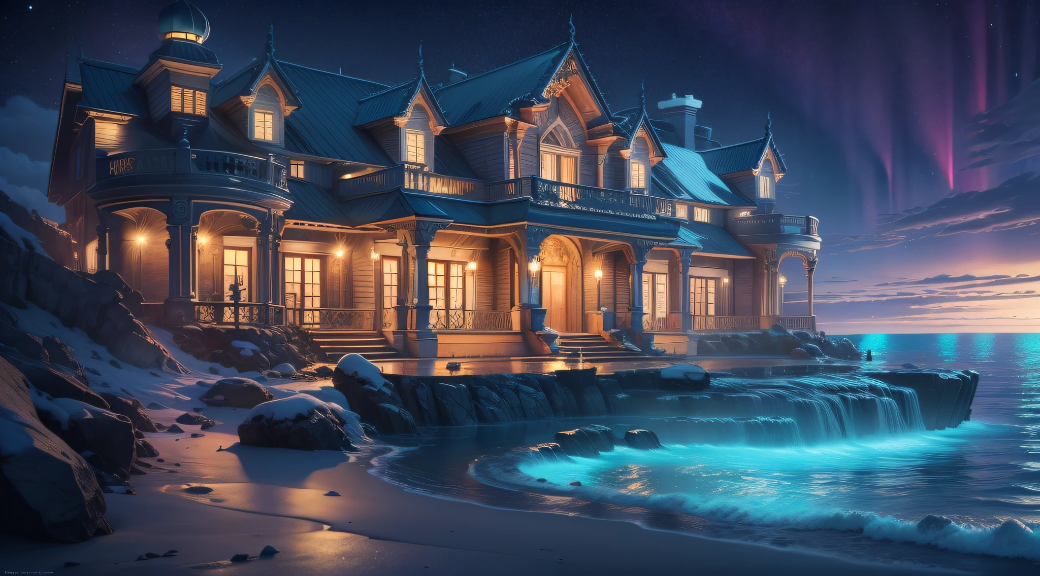a mansion on the beach of extreme luxury and gold, riches, aurora borealis, 8k