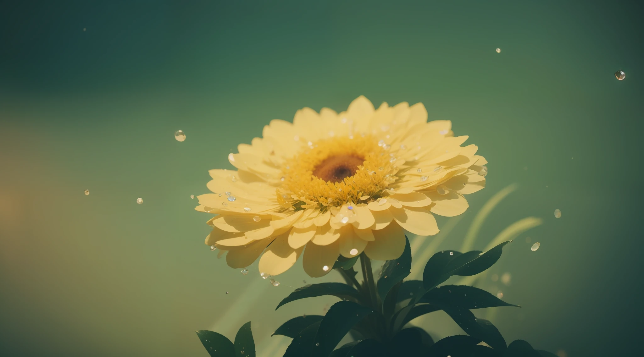 flower petals, Multiple droplets on the surface of the petals, there are sci-fi Broken Robots, flowers Blooming in ruins, thick mist, Shots from very close distances, Cinematic lighting, Photorealistic, 32K, diffuse reflection, colorful shiny particles, Lens Flare, Soft lighting