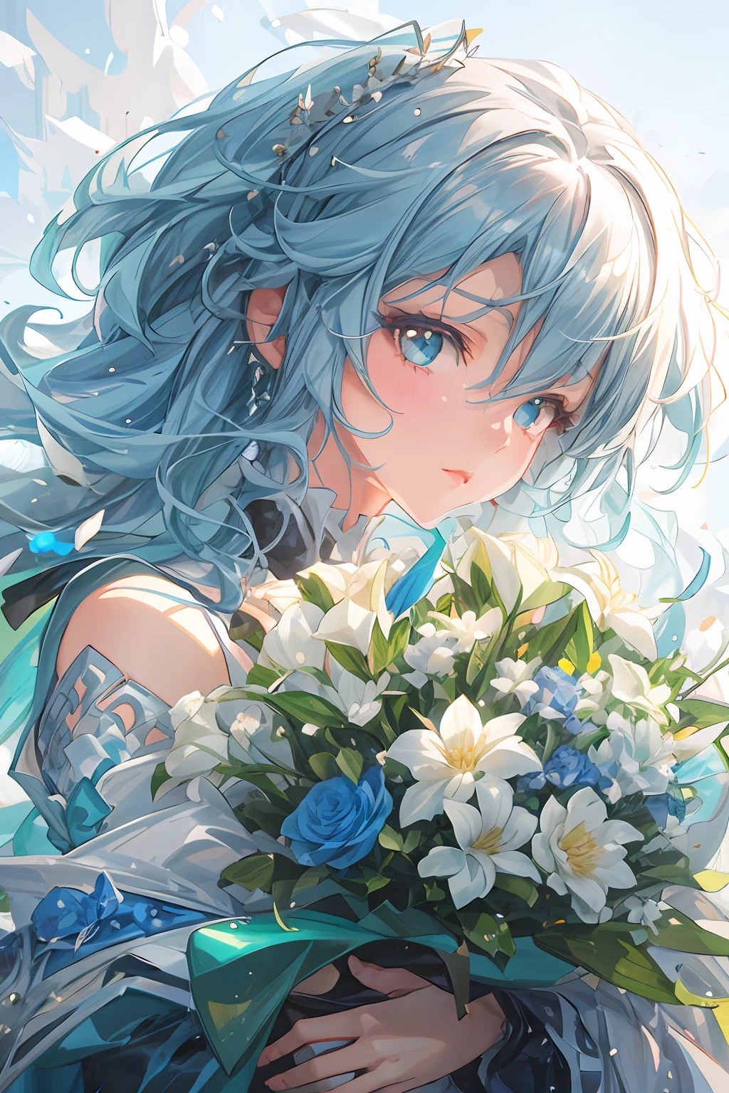 a woman with blue hair and a bouquet of flowers, trending on artstation pixiv, pixiv daily ranking, detailed key anime art, detailed digital anime art, clean detailed anime art, guweiz on pixiv artstation, cyan and green, guweiz, beautiful anime artwork, digital art on pixiv, by Shitao, beautiful anime art