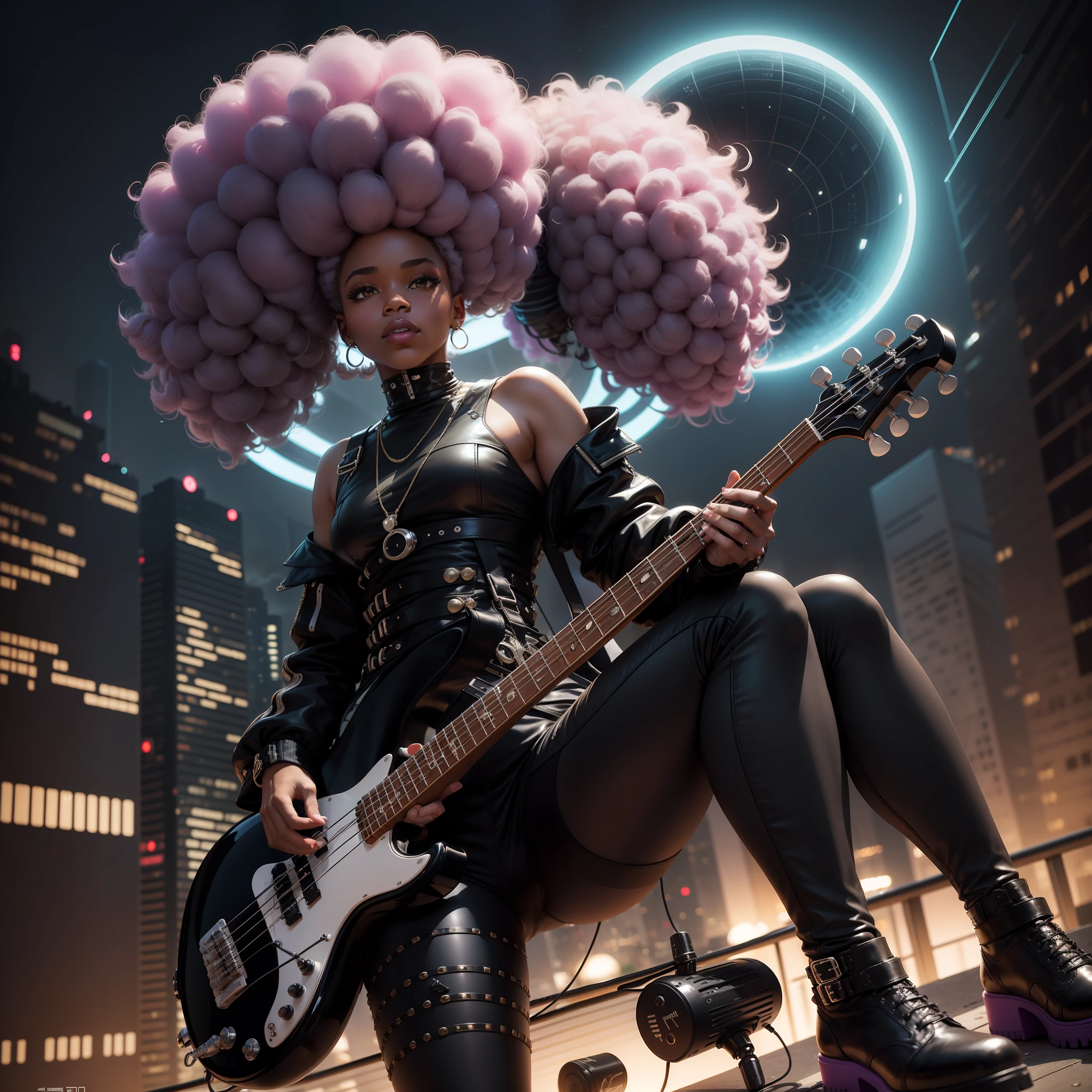 Dans le futur, A black electric bass musician with an afro hairstyle and super sneackers floats in the sky above the city. Ambiance jazz luxueuse, Hip-hop lo-fi. Refaire coiffure style afro, Low electric proportions, pas de porn attitude, sexy pas vulgaire.