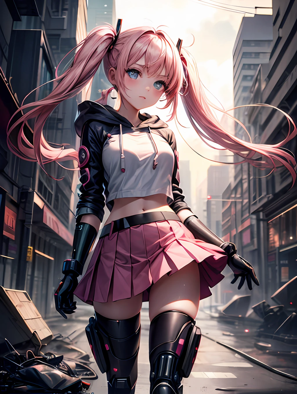 1girl, masterpiece, cyberpunk, absurdres, highres,  8k, intricate detail, medium camera shot, half body, BREAK, pink pleated skirt, white bodysuit, pink cropped hoodie, thigh high boots, BREAK, ((pink giant twintails)), blue eyes, (cybernetic enhancements)