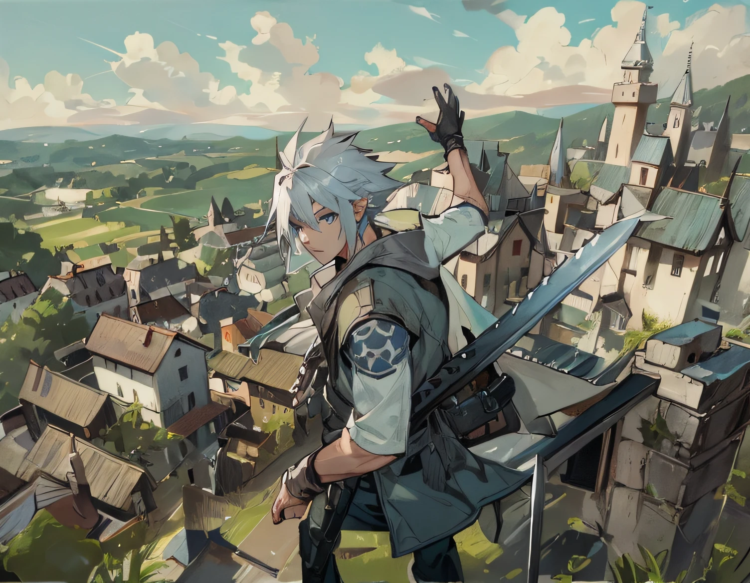 2D, Full body, Wide Angle, High quality, masterpiece, Perfect Anatomy, Anime Art, vector , Plant illustration, Water Brush , Cool guy in his 20s , Silver hair ,Details of face, (His hairstyle looks like a cloud strife in FF7:1.0) , He has a long sword , Empire Uniform Jacket , He stands on a hill , A hill overlooking the medieval town, sulky face , day light, Detailed fingers , detailed hairs, Bare right hand,