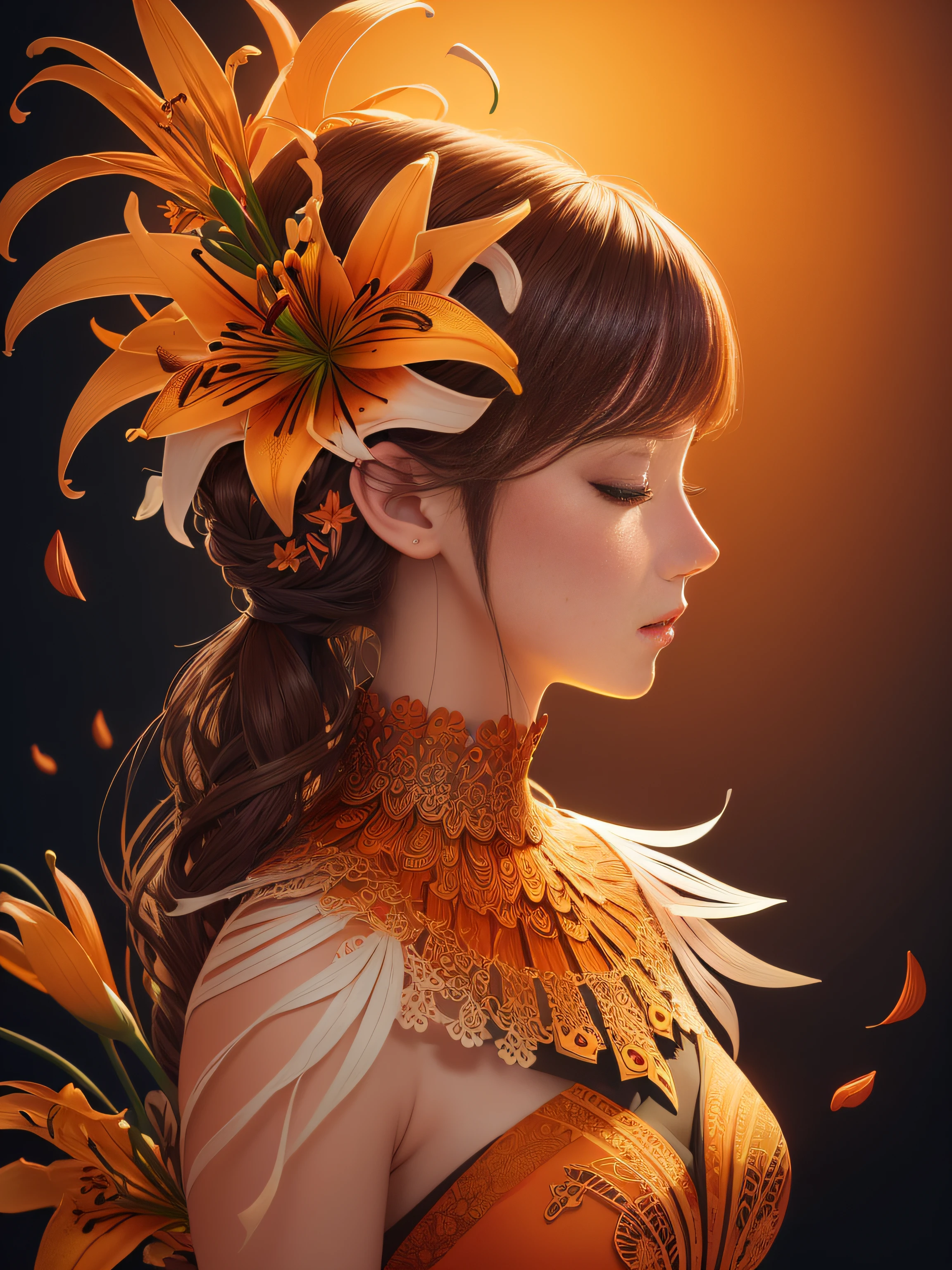 (illustration:1.3),paper art, zentangle,3D rendering of,Orange background,Autumn,(Beauty side face,closing her eyes:1.3),(lilies:1.2), Colorful, Best quality, Detailed details, Masterpiece, offcial art, Cinematic lighting effects, 4K,