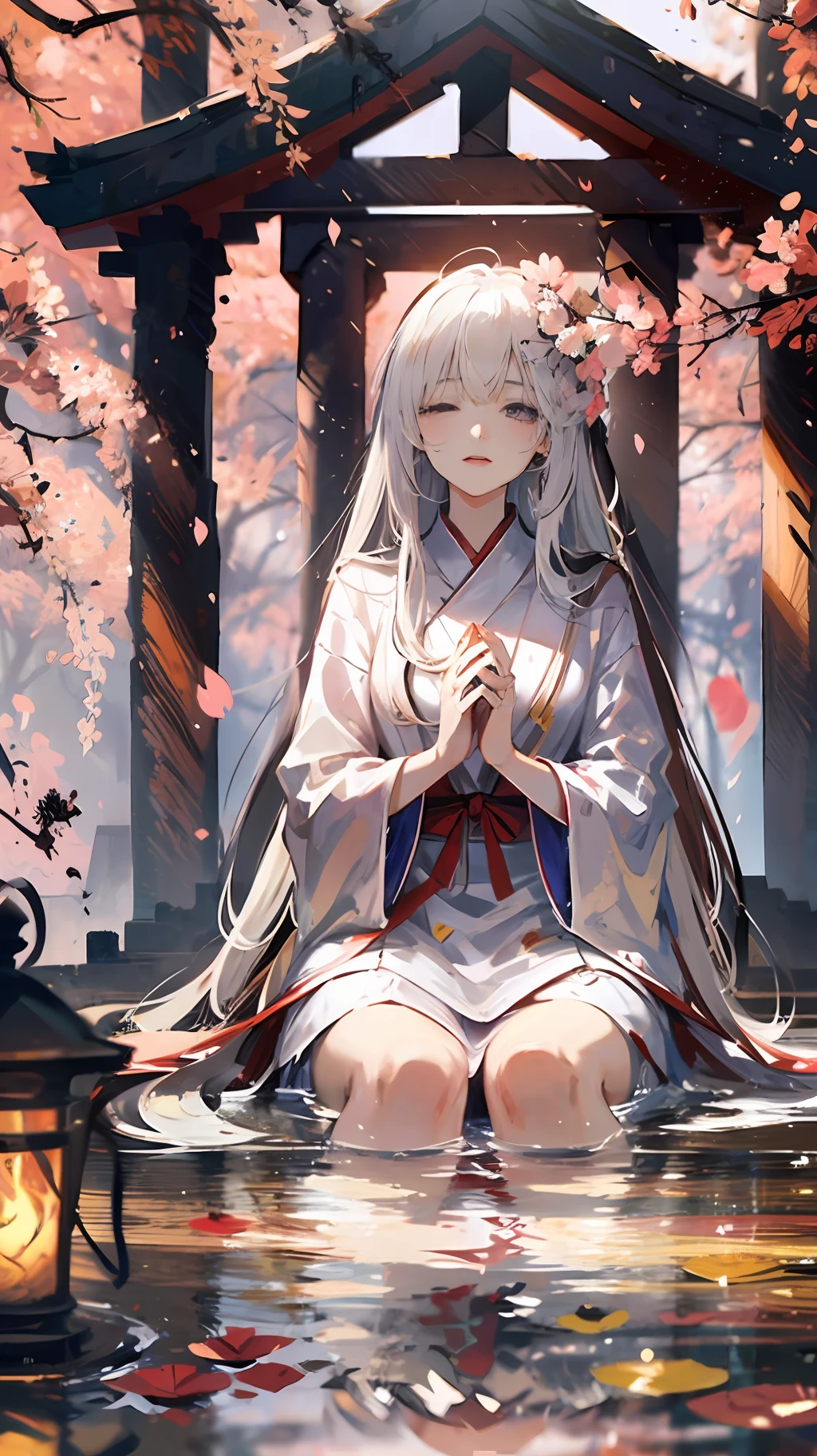 White-haired, teens girl, Shrine, DOA, Cherry blossoms, Graceful, serene, Flowing white robe, spiritual connection, Grace, reverence, sacred space, Incense, spiritual ambiance, cradling hands, Eyes closed, deep concentration, devotion, faith, Delicate, Drifting, breeze, Pink petals, Poetic, transient, transient, Beauty, Presence, Tranquility, spiritual connection, earthly realm, Divine, conduit, Humanity, divino, Enchanting, harmonious, Profound, reverence.