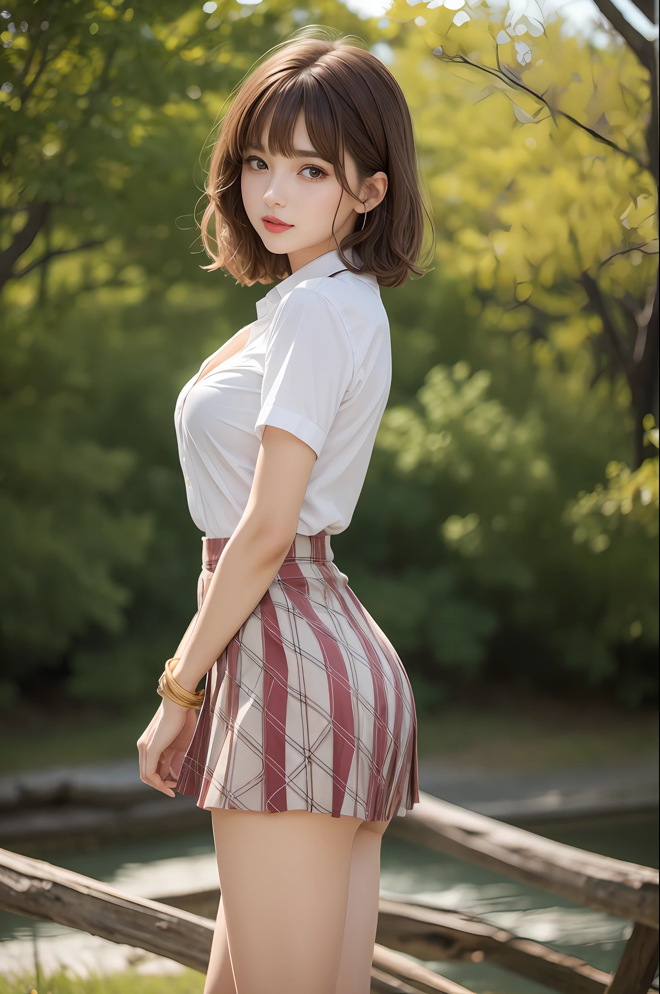nsfw, 8K raw photo, Best quality, masterpiece, ultra high res, film grain, filmg, 1girl, looking at viewer, natural skin texture, realistic eye and face details, full lips, lipstick, (makeup), red eyeshadow, fluffy short hair, messy hair, smile, close mouth, beautiful legs, tall female, full body shot, skinny, slim_legs, solo, medium breast, cleavage, Pose with buttocks facing you, ultra short skirt, ass, shirt, beautiful nature location, around flower location, (detailed background), plaid skirt, tigh skirt, white shirt, Show cleavage through the shirt, loafers, blurry background, blurry, holding, plaid, short sleeves, jk ribbon on the neck, jk ribbon, brown hair, bracelet, water, bangs, school uniform, jewelry, parted lips, lips, from side, pleated skirt, depth of field, cinematic color.