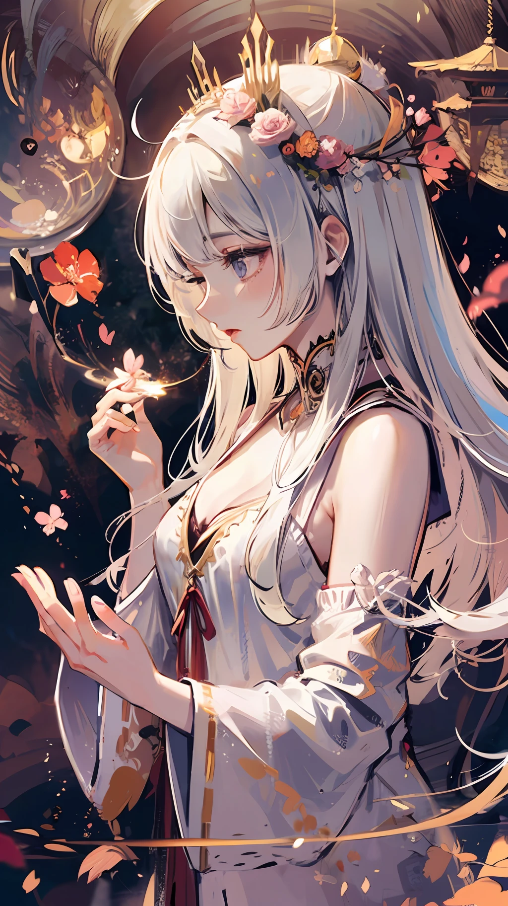 White-haired, s girl, Shrine, DOA, Cherry blossoms, Graceful, serene, Flowing white robe, spiritual connection, Grace, reverence, sacred space, Incense, spiritual ambiance, cradling hands, Eyes closed, deep concentration, devotion, faith, Delicate, Drifting, breeze, Pink petals, Poetic, transient, transient, Beauty, Presence, Tranquility, spiritual connection, earthly realm, Divine, conduit, Humanity, divino, Enchanting, harmonious, Profound, reverence.